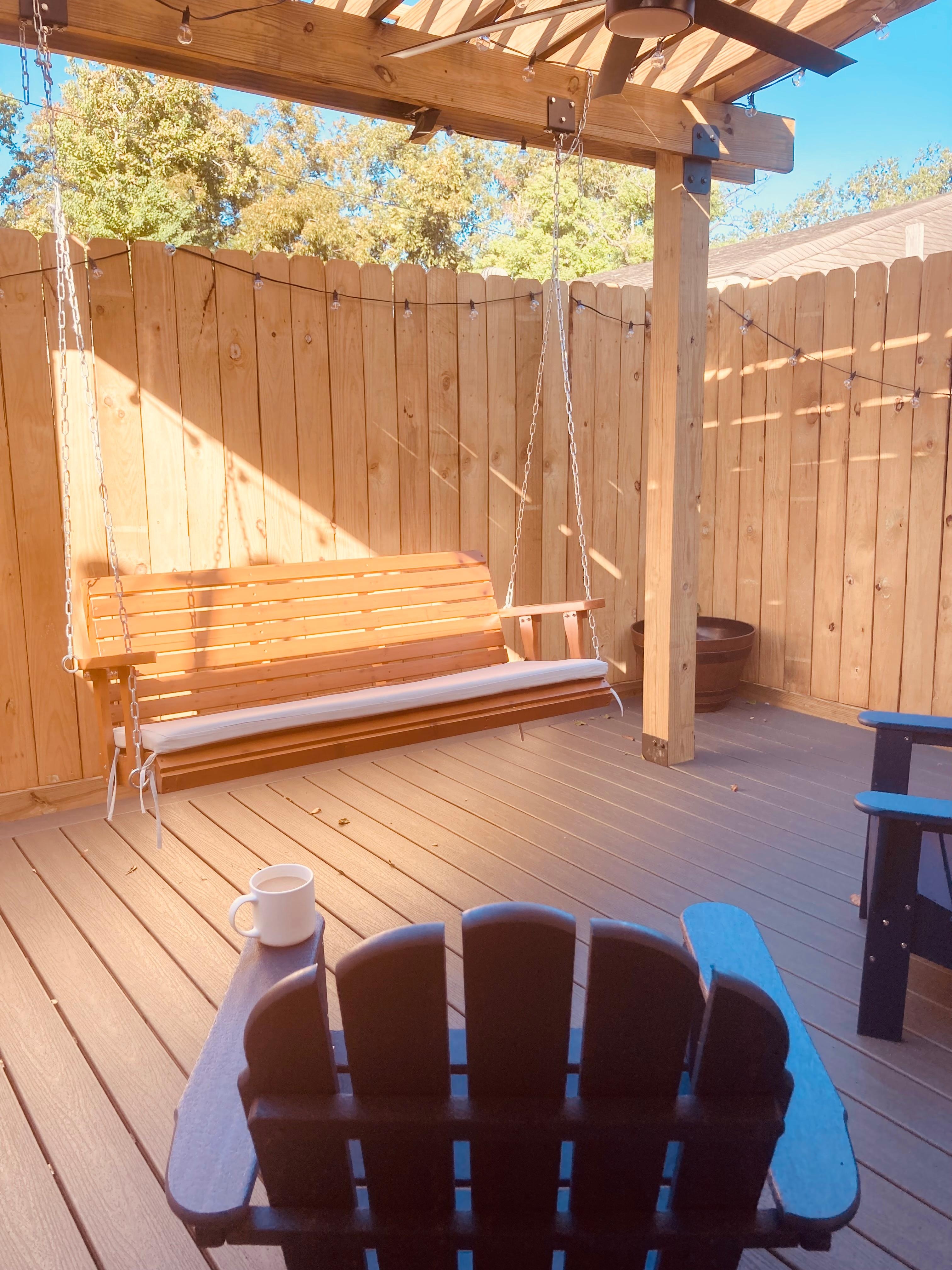 Patio in morning, ready for my coffee