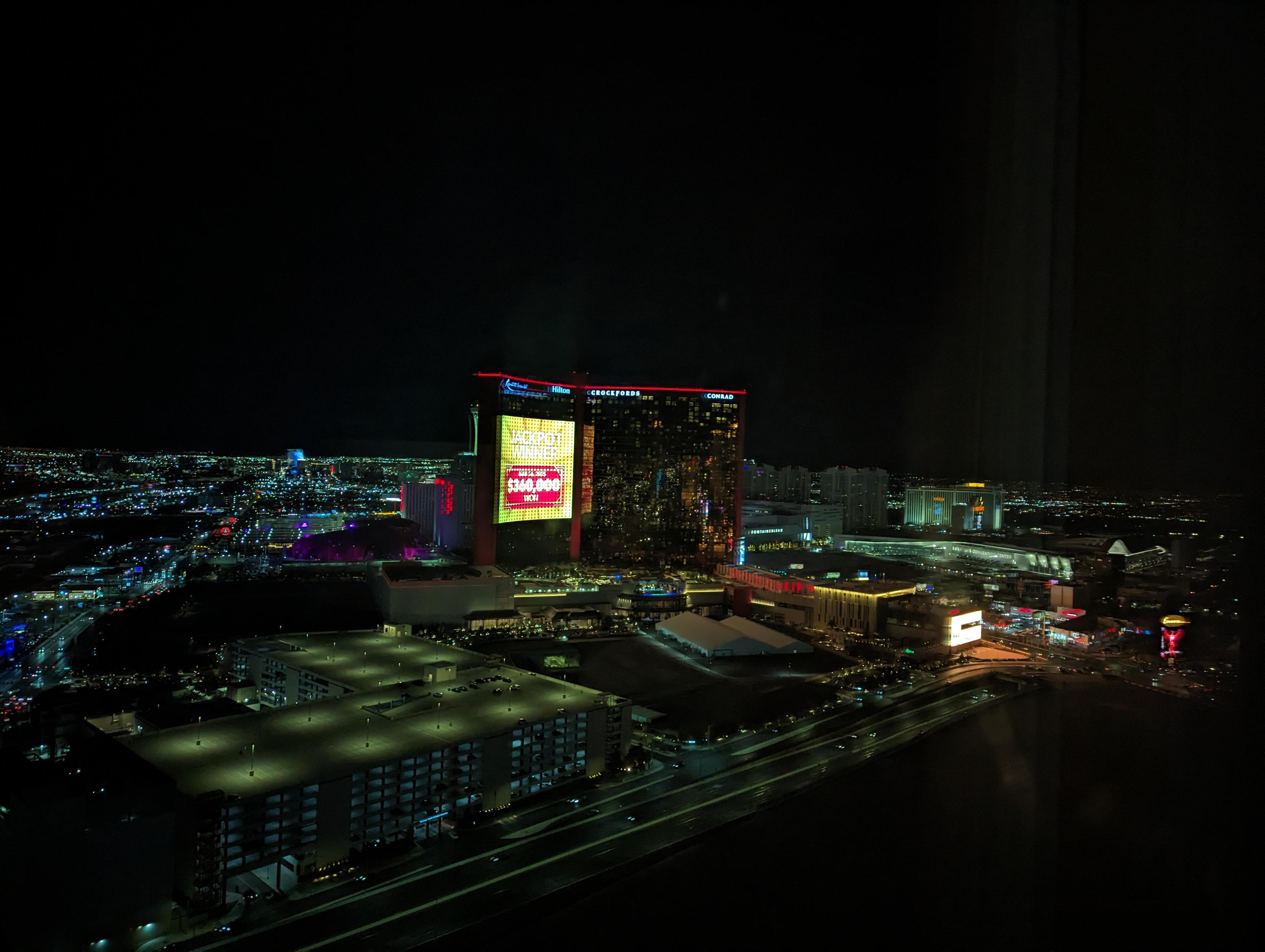 Resorts World at night out the picture window