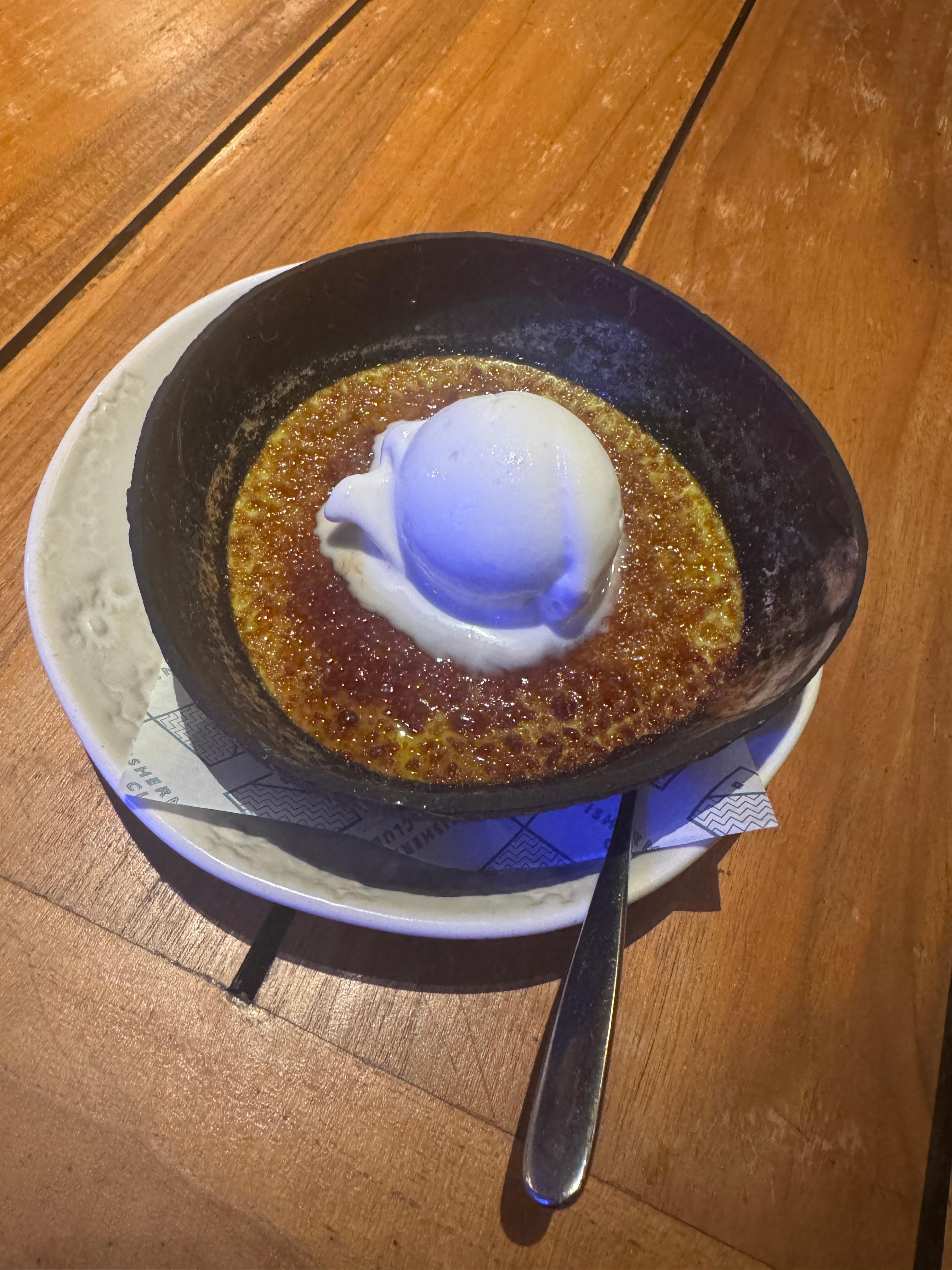 Pandan crème brûlée with coconut ice cream. Best item