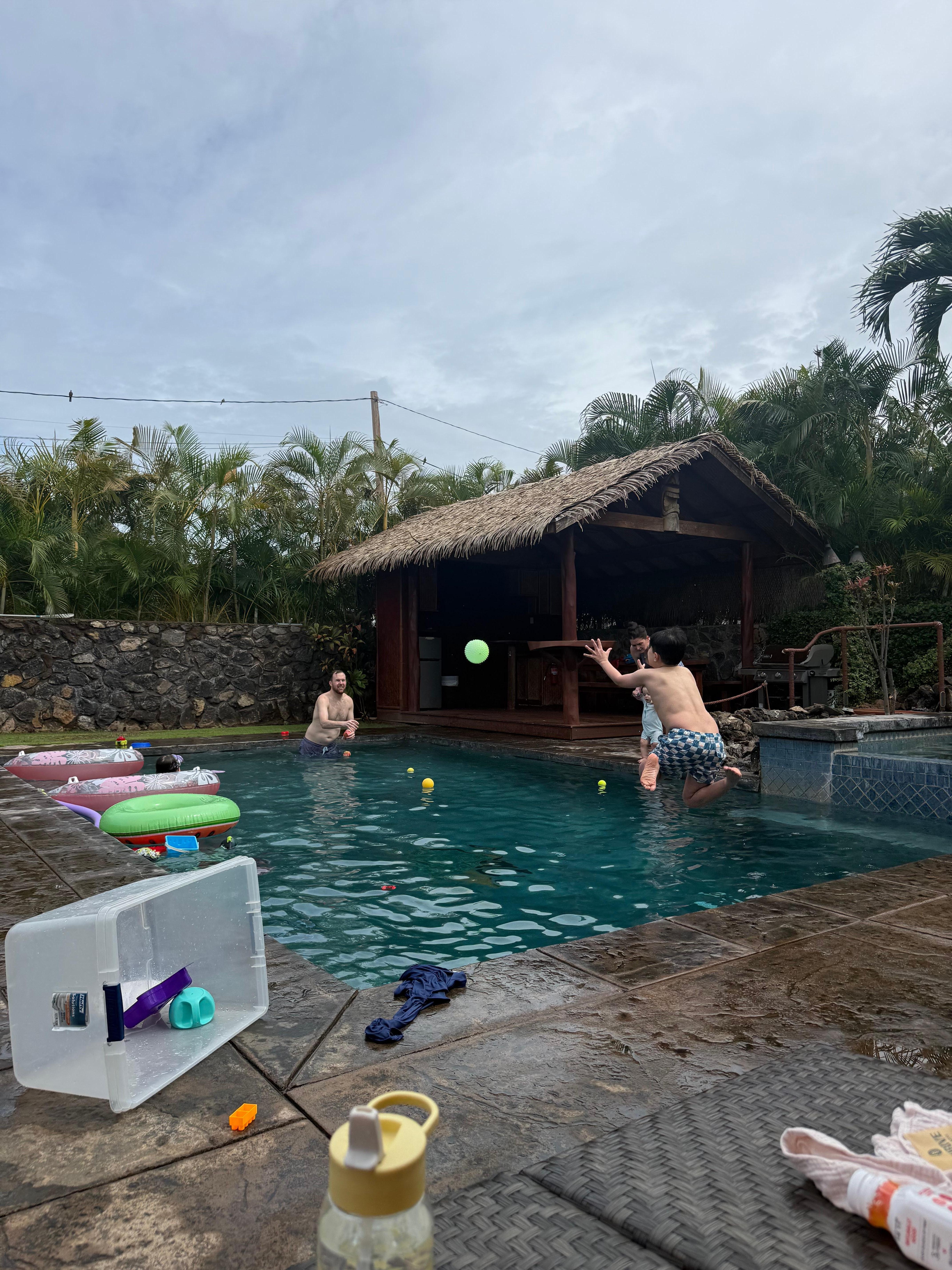 Large pool. Look at all the pool toys supplied with the house!