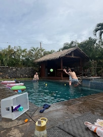 Large pool. Look at all the pool toys supplied with the house!