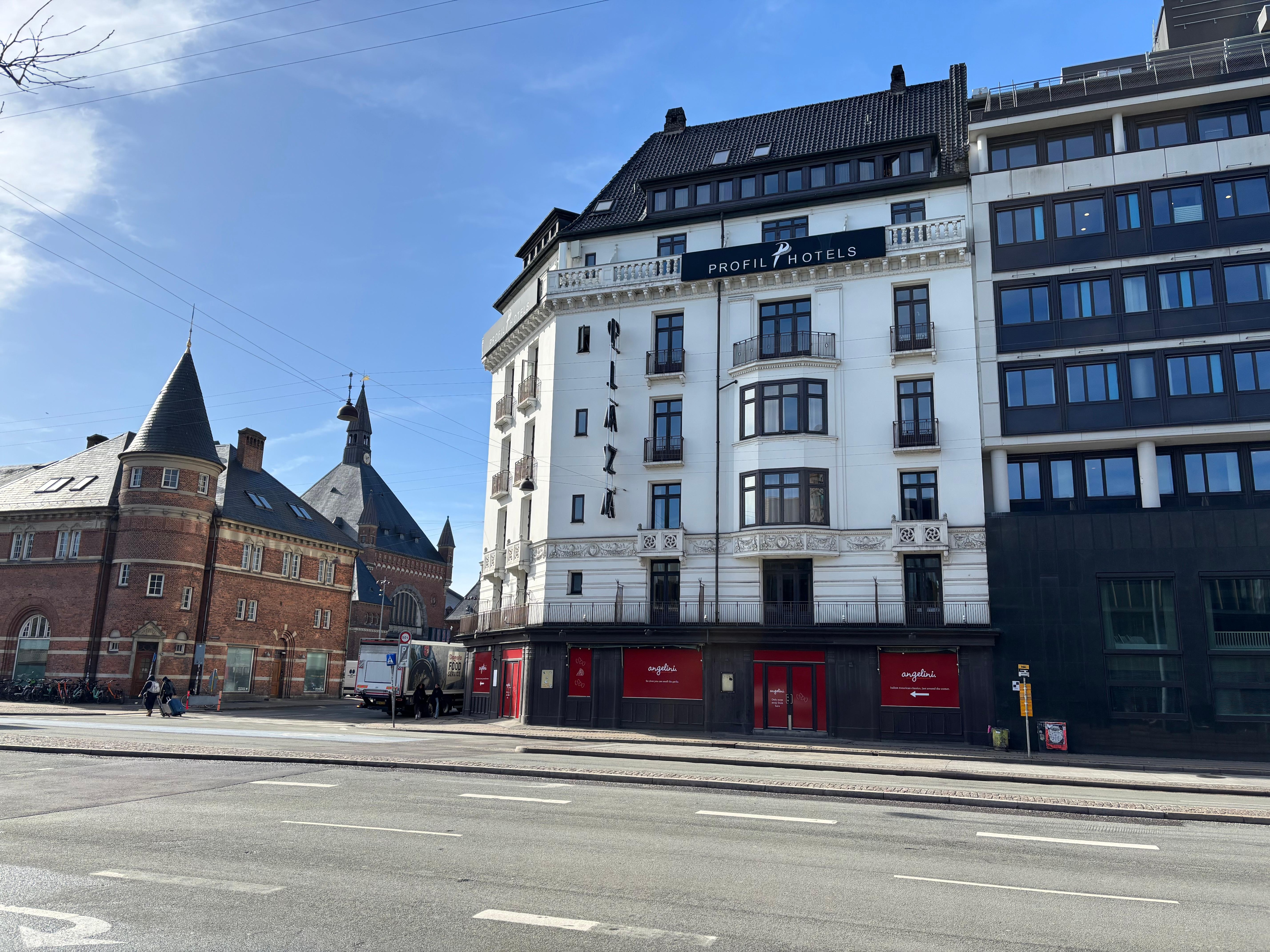 Looking at the hotel from across the street