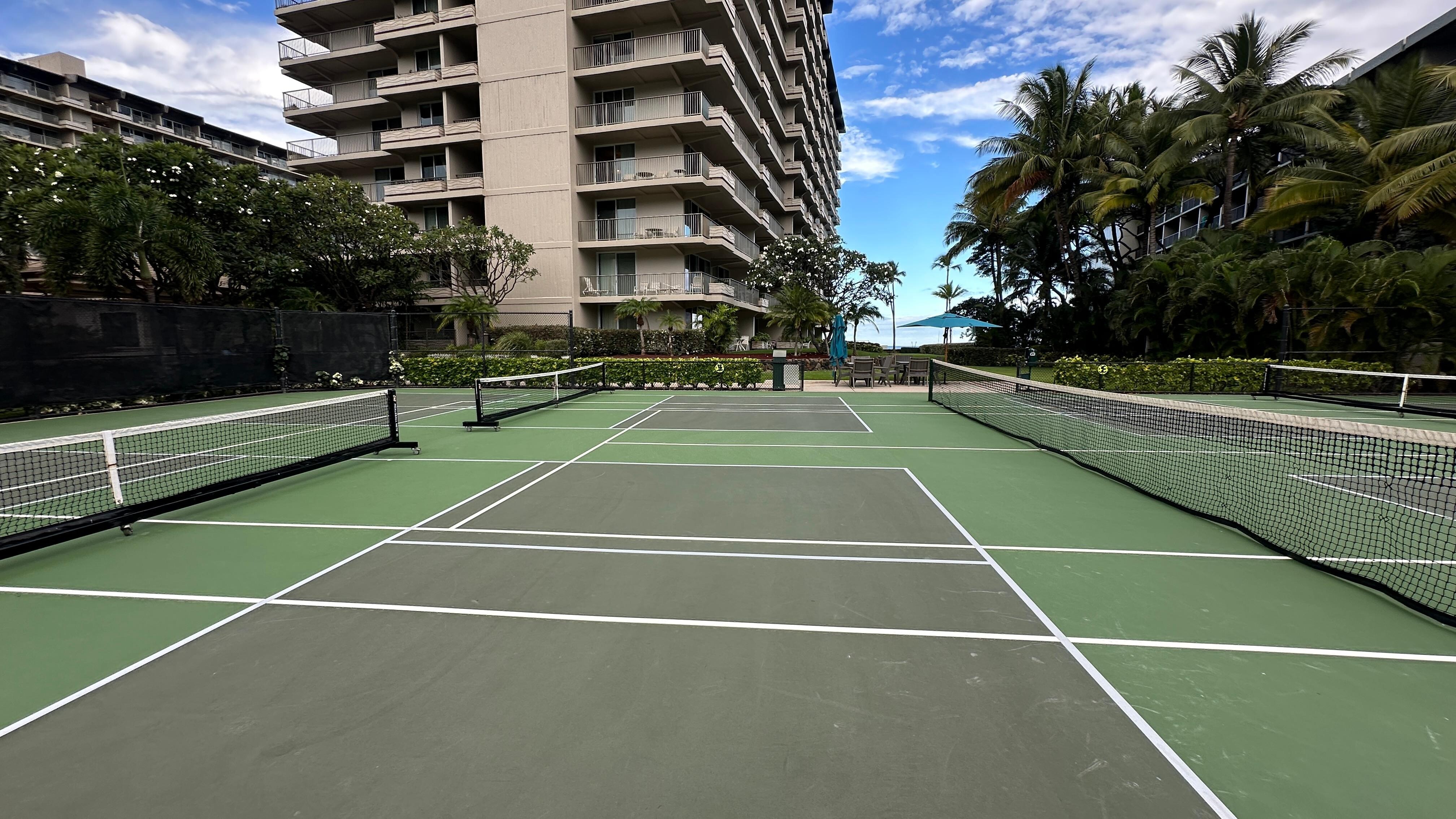 1 tennis court & 4 pickleball courts w/ paddles & balls available at front desk for free