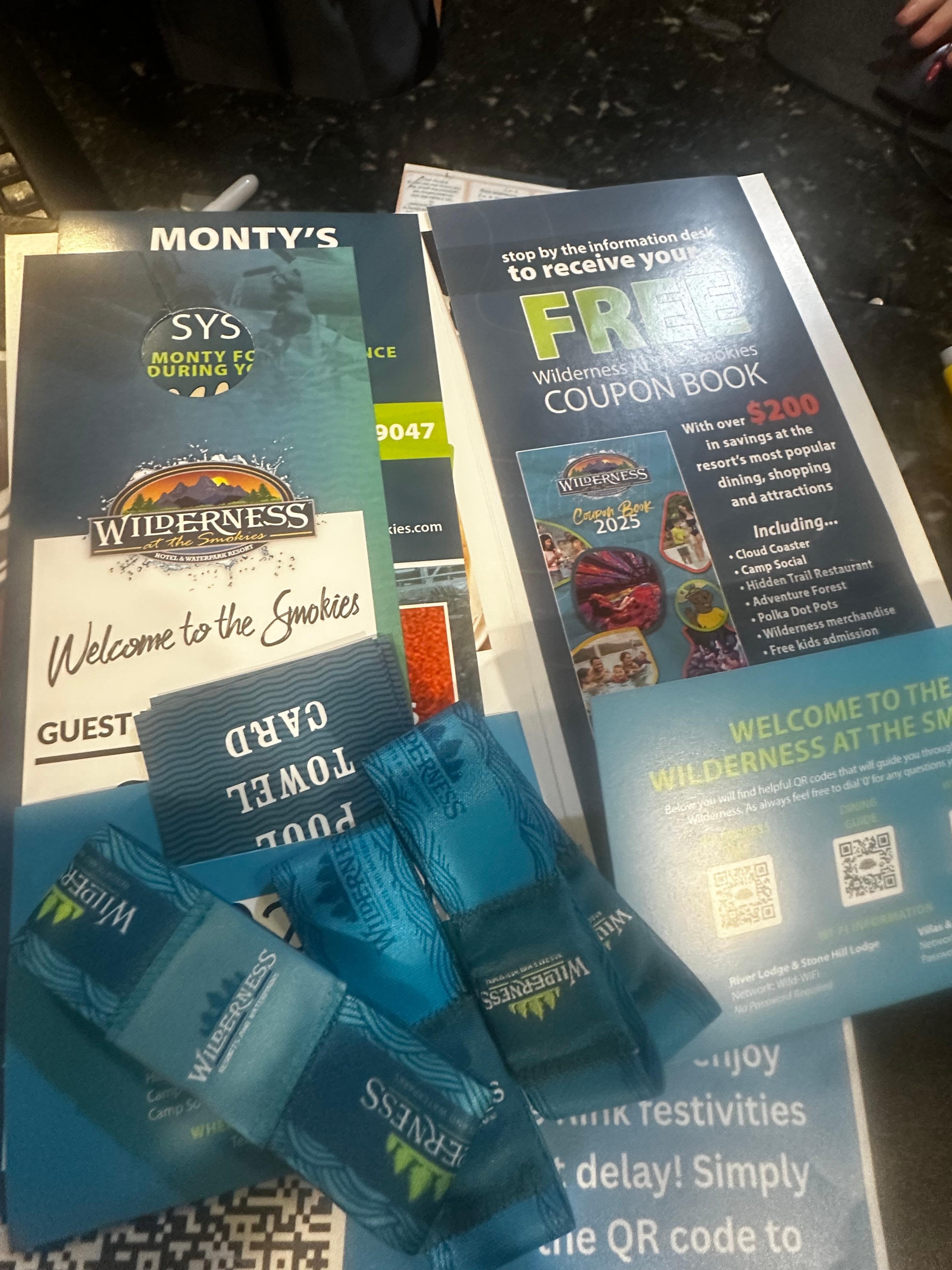 Checking in information with waterpark bands which also open room doors