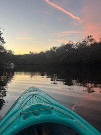 serene sunset kayaking with birds chirping and fish splashing
