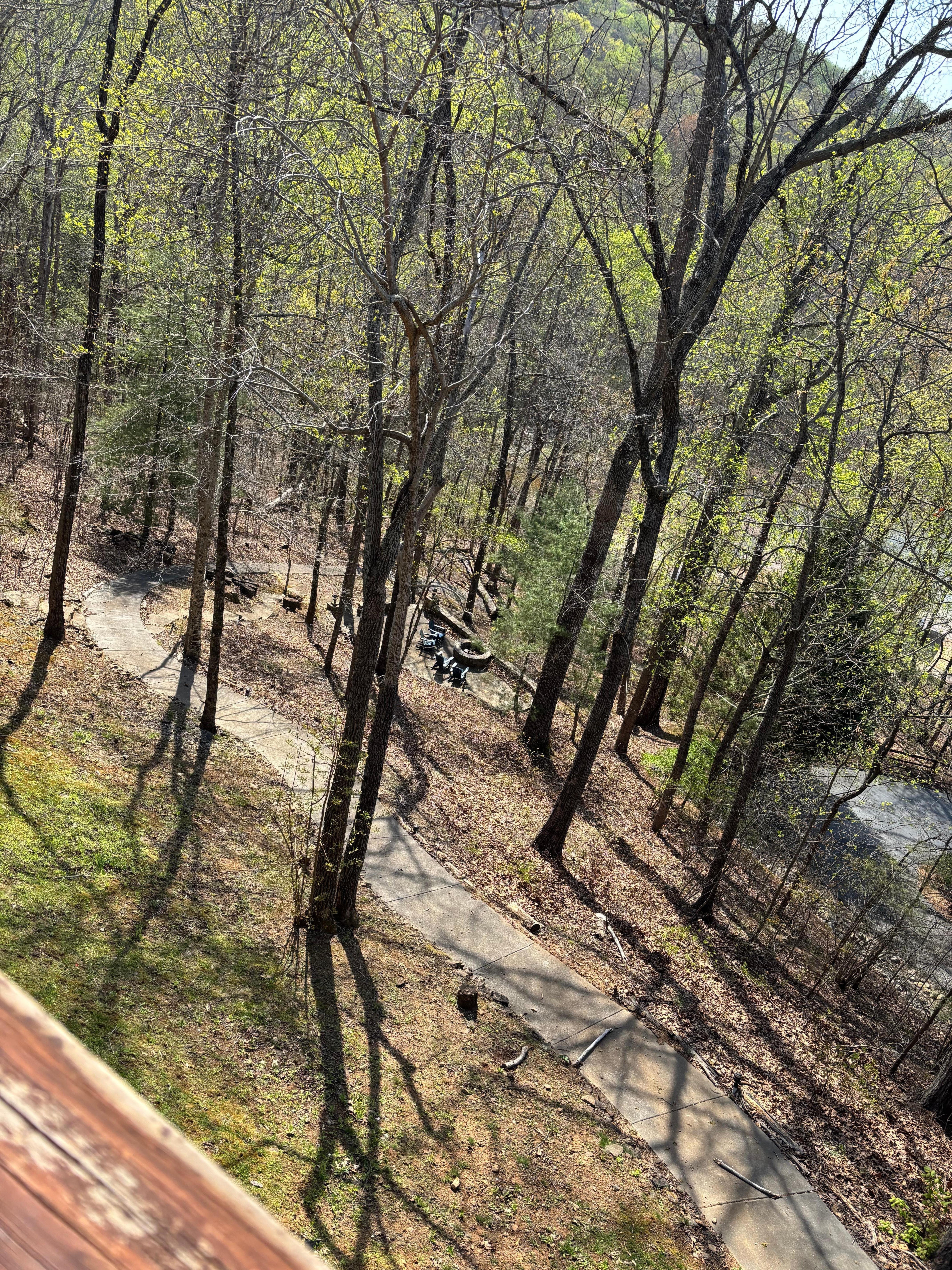 Looking down on walkway to boat ramp and lake from balcony