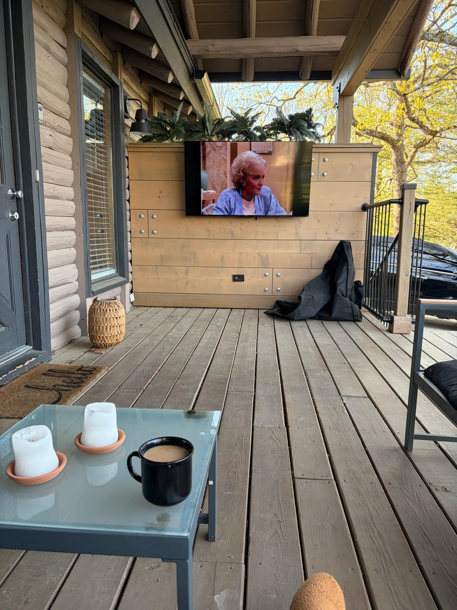 Coffee and tv to start the day on the porch.