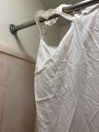 Torn shower curtain