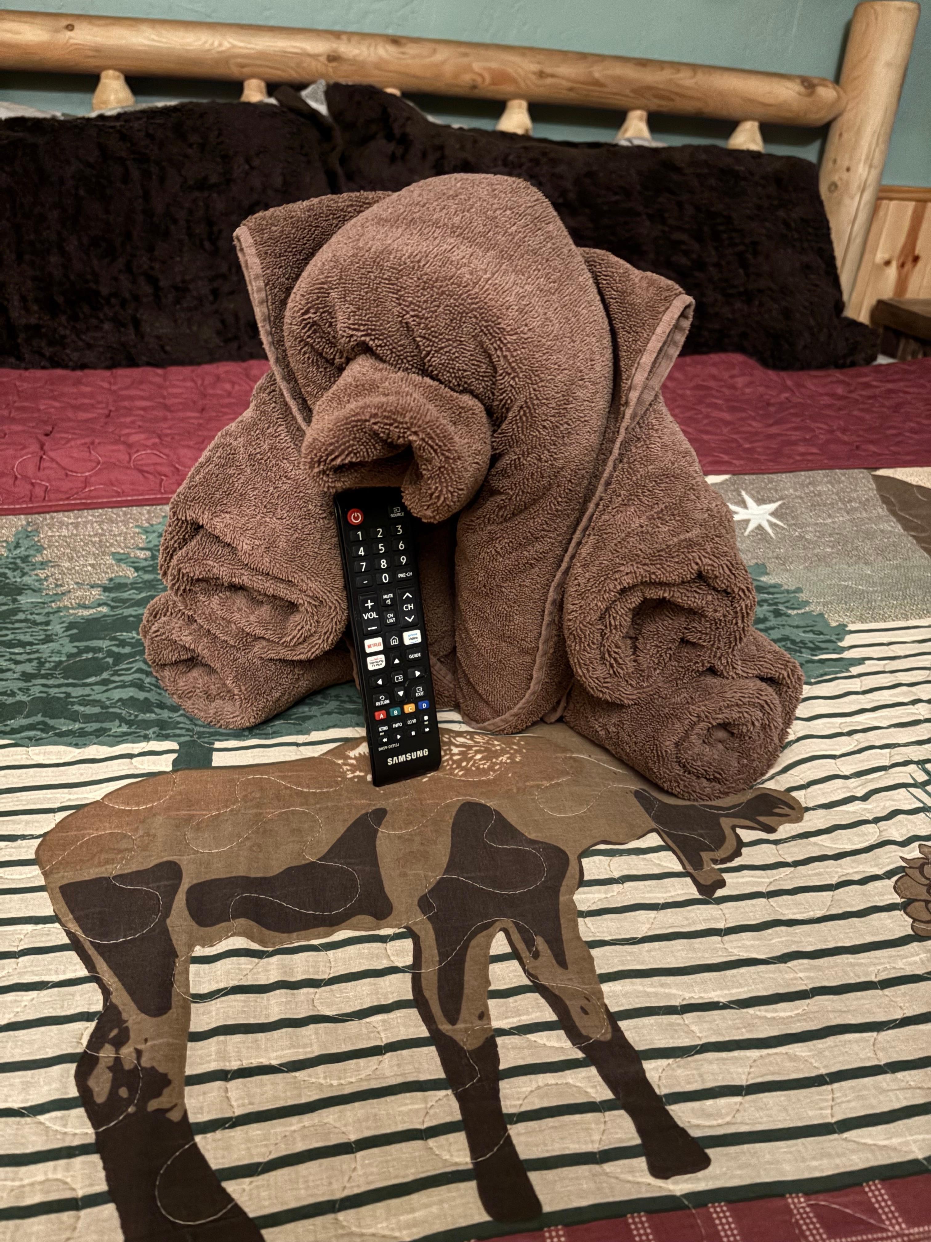 Adorable towel bear on both beds. 