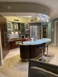 The kitchen has top of the line appliances and the most beautiful counter top I’ve ever seen!