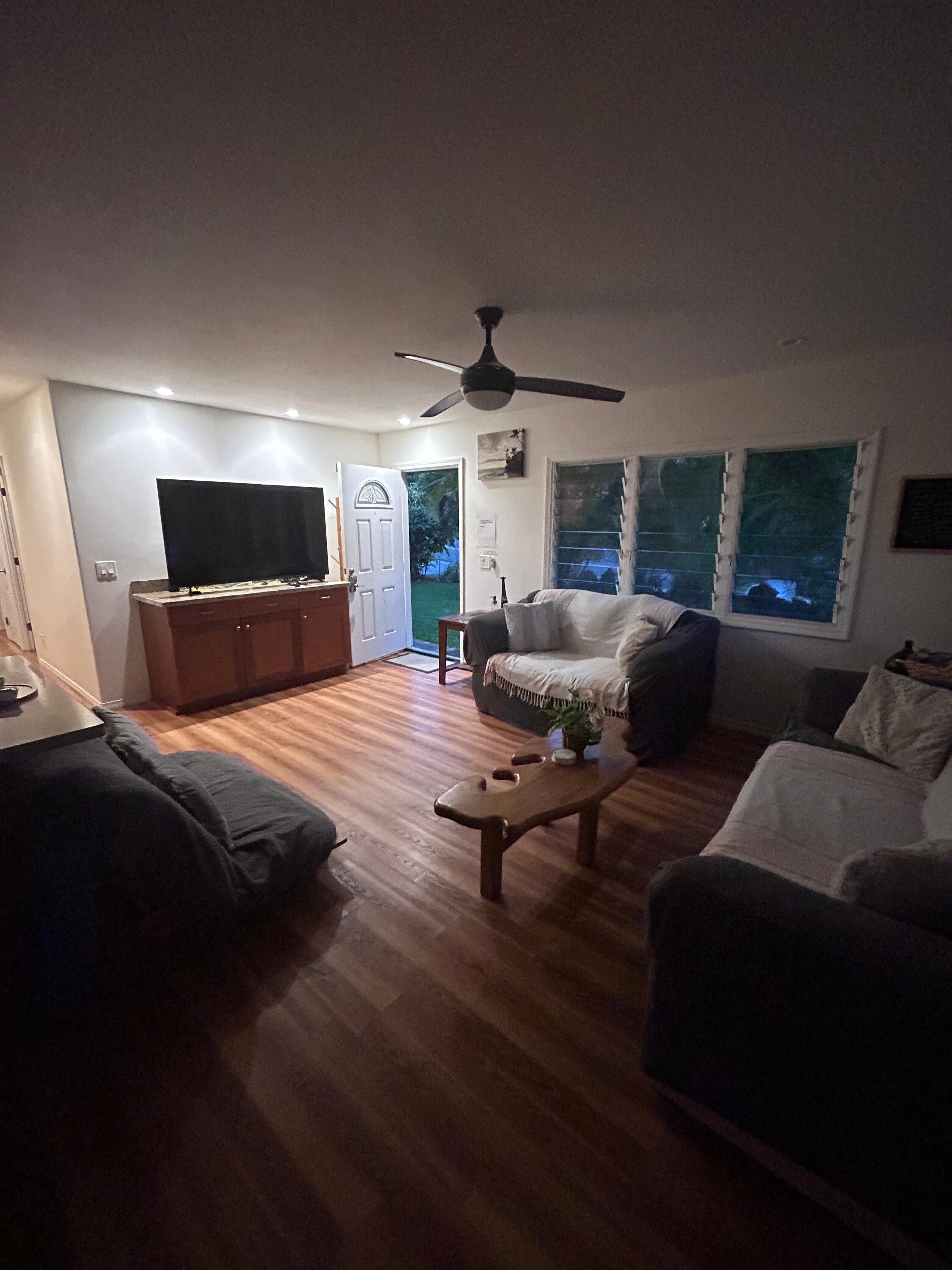living room - dark sagging furniture, no glass top table 