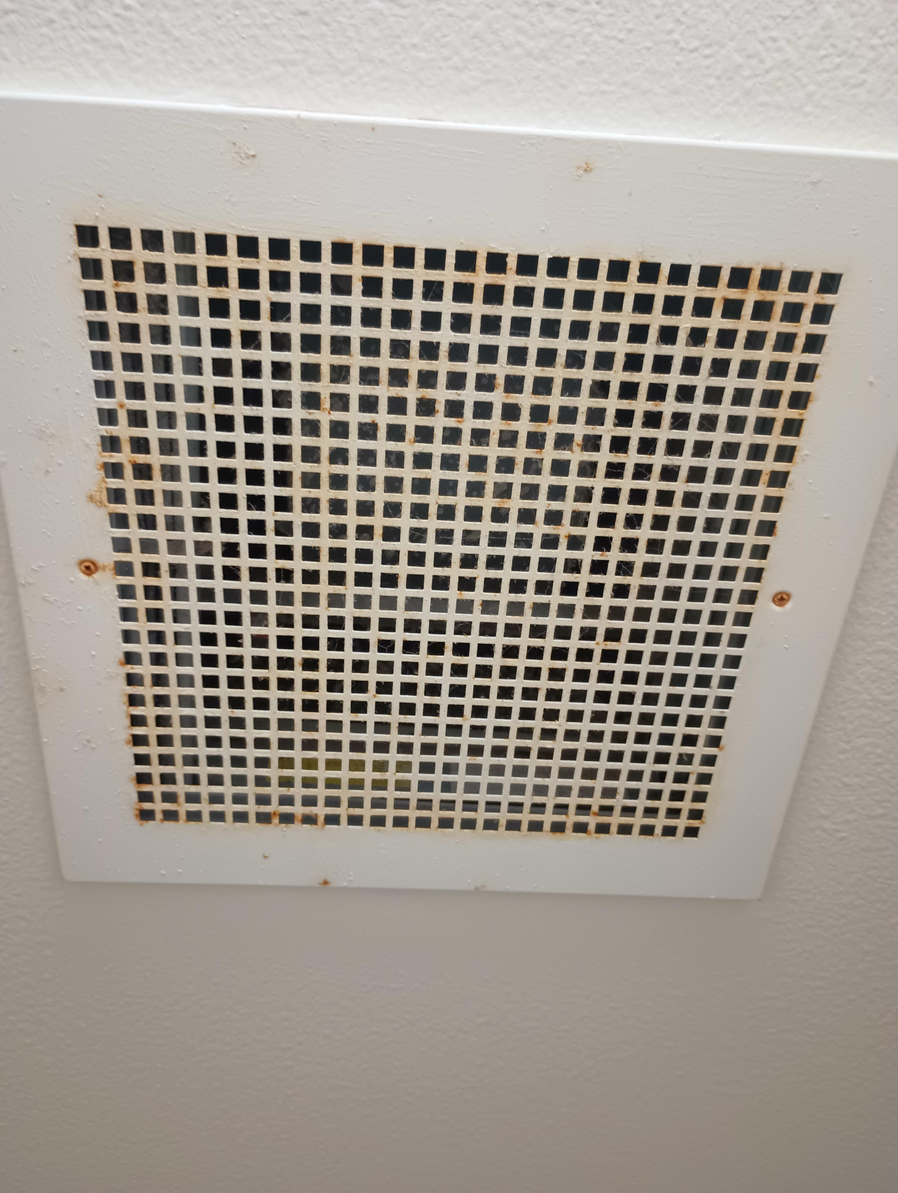 This is a rusted out vent in the bathroom that looks like it hasn't been cleaned in forever.
