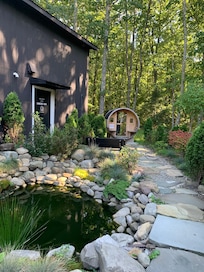 Sauna area, pond and woods behind The Rex