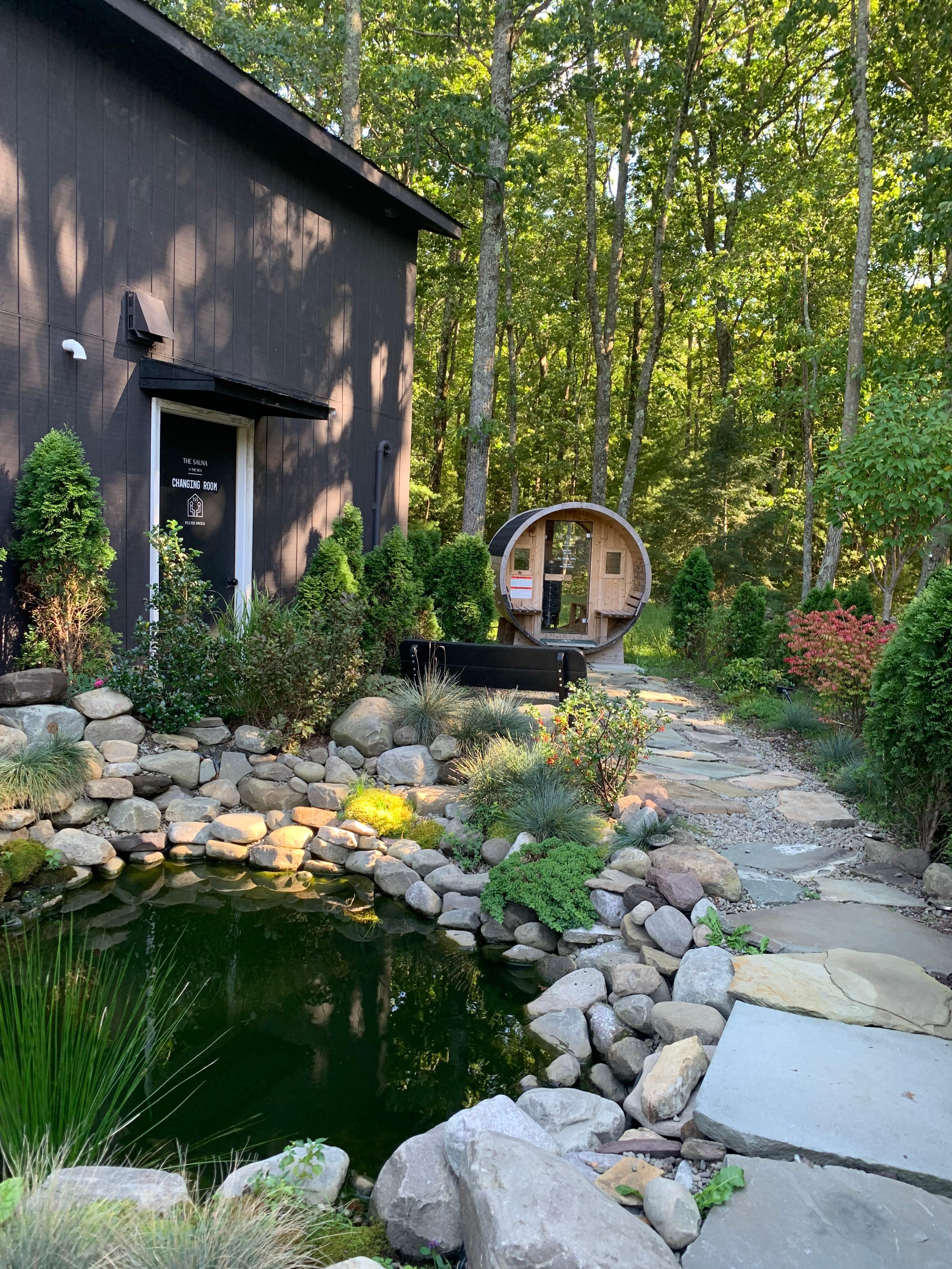 Sauna area, pond and woods behind The Rex