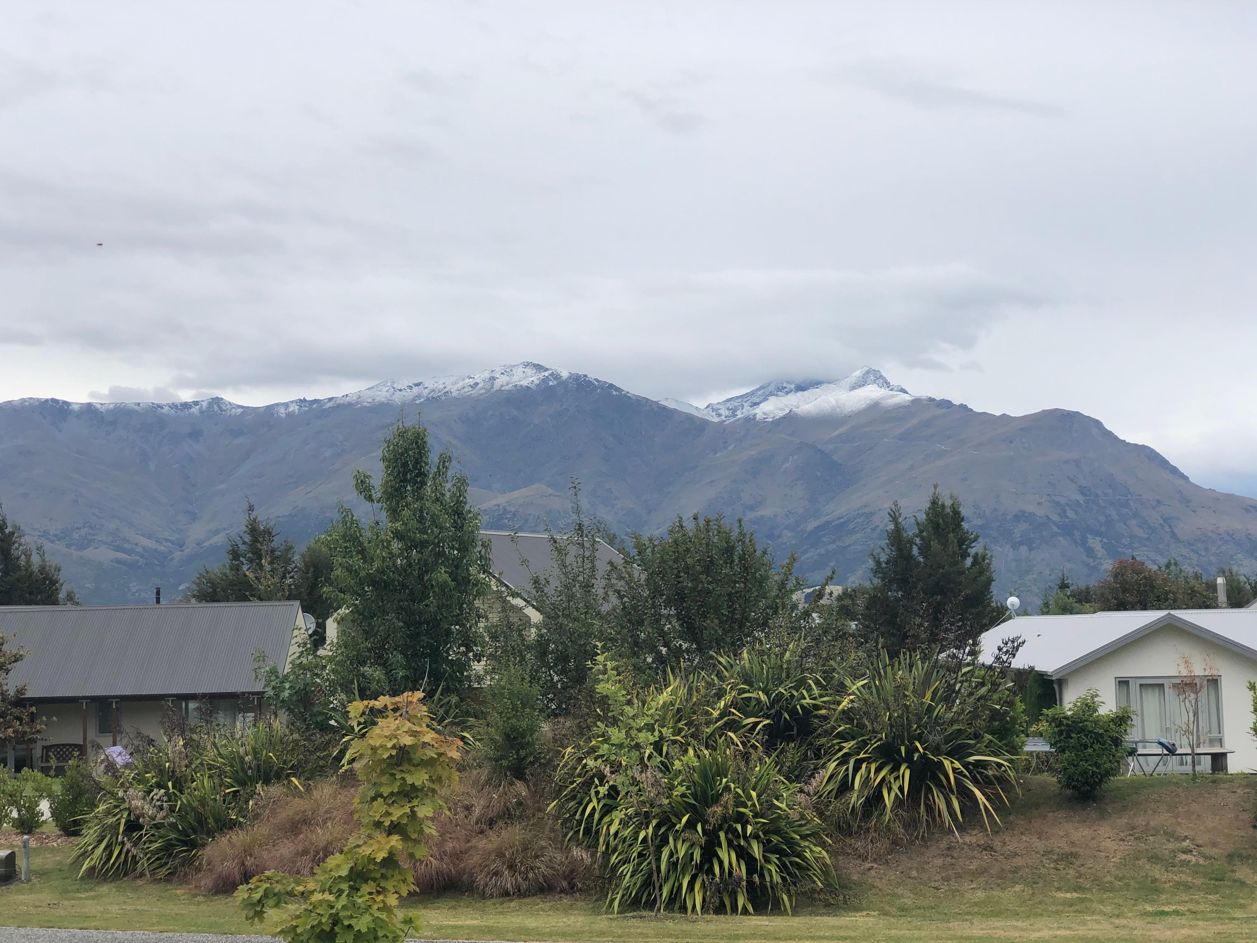 View from front (cold morning, snow on mountains!)