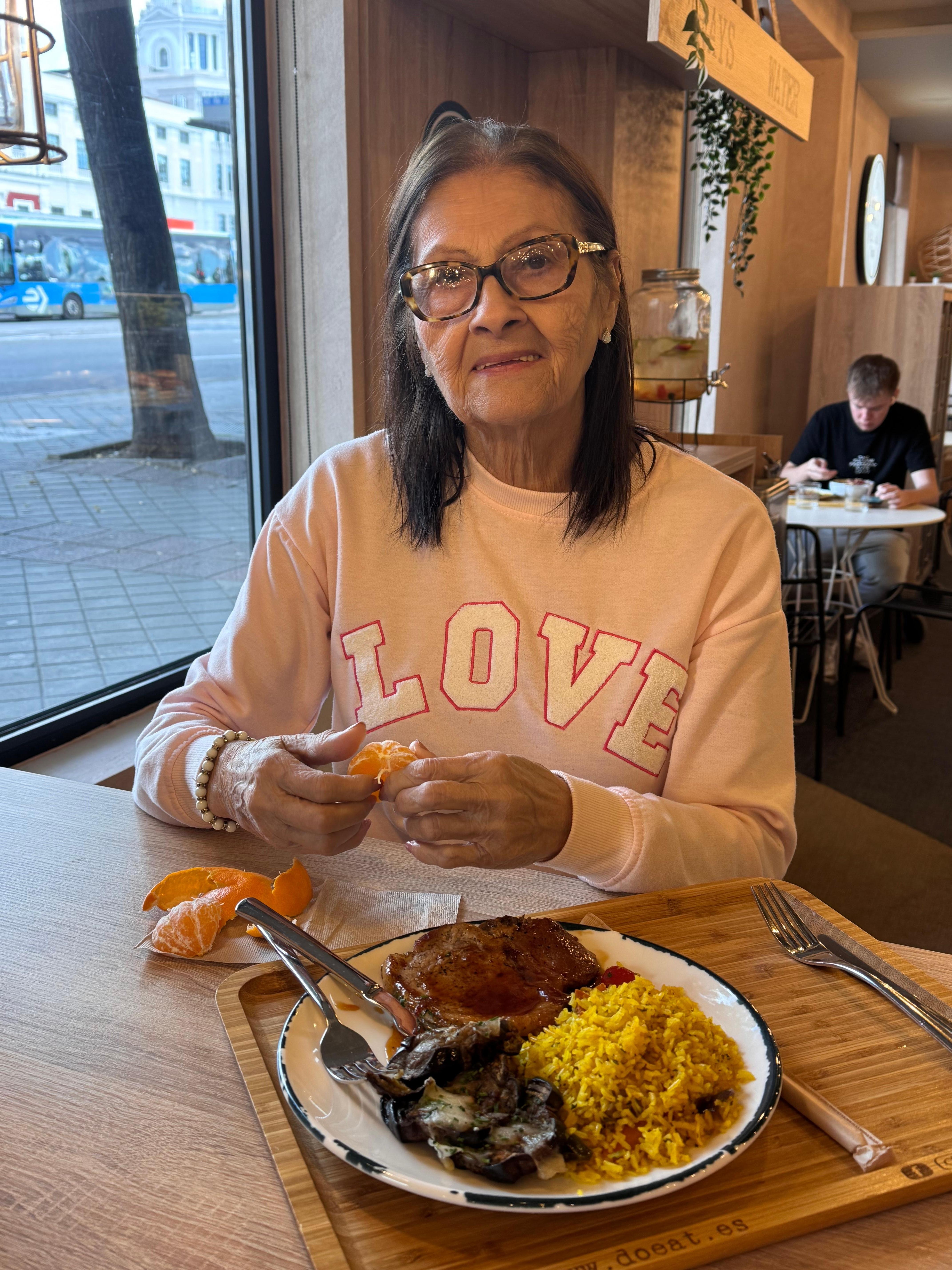 Mom eating at the hotel restaurant! Food was deliciosa!