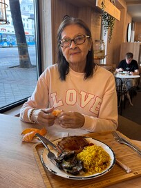 Mom eating at the hotel restaurant! Food was deliciosa!
