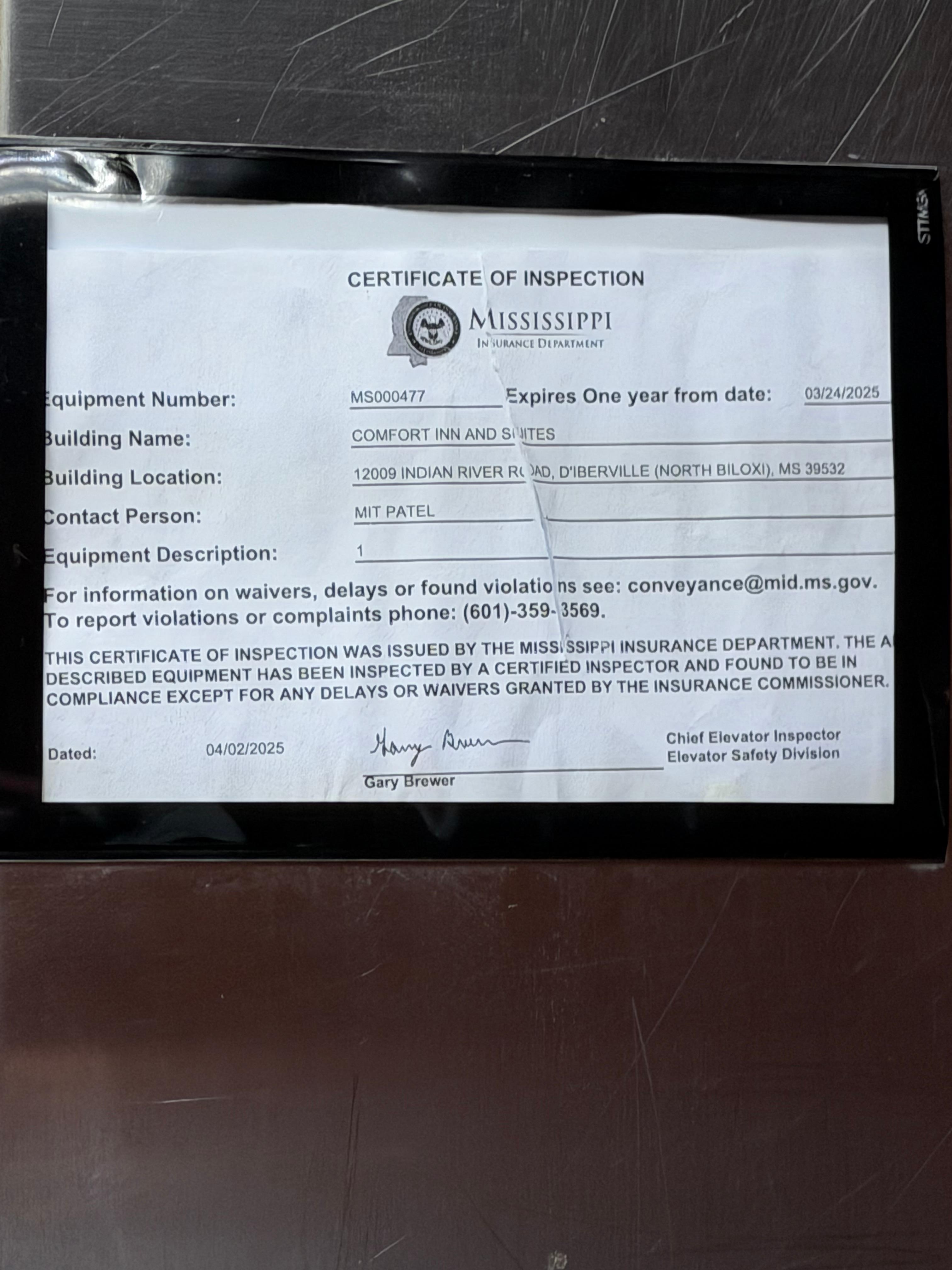 Elevator certificate expired 