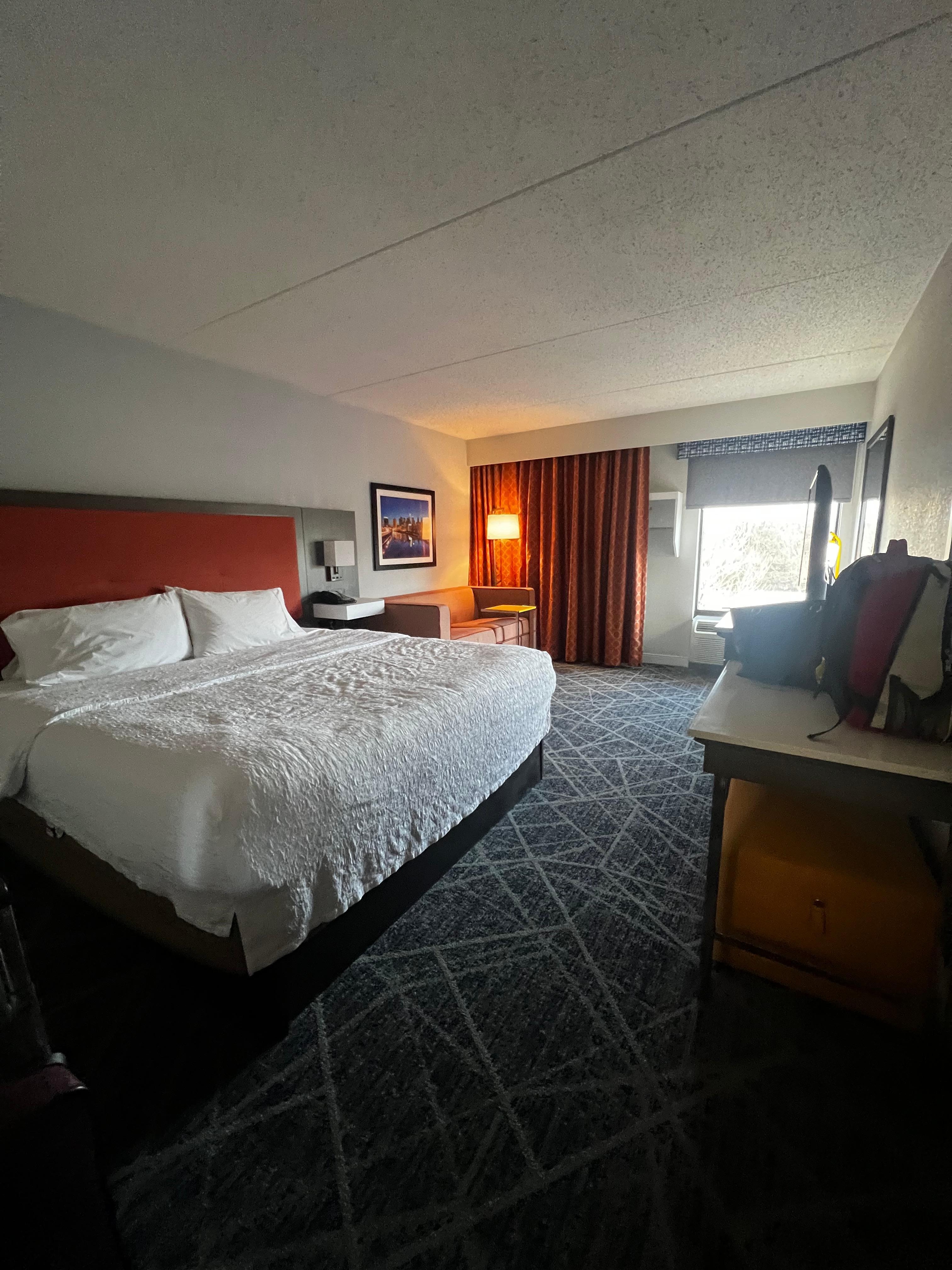 A king size bed a pull out sofa bed a tv window the view on the odd numbers are to the highway 