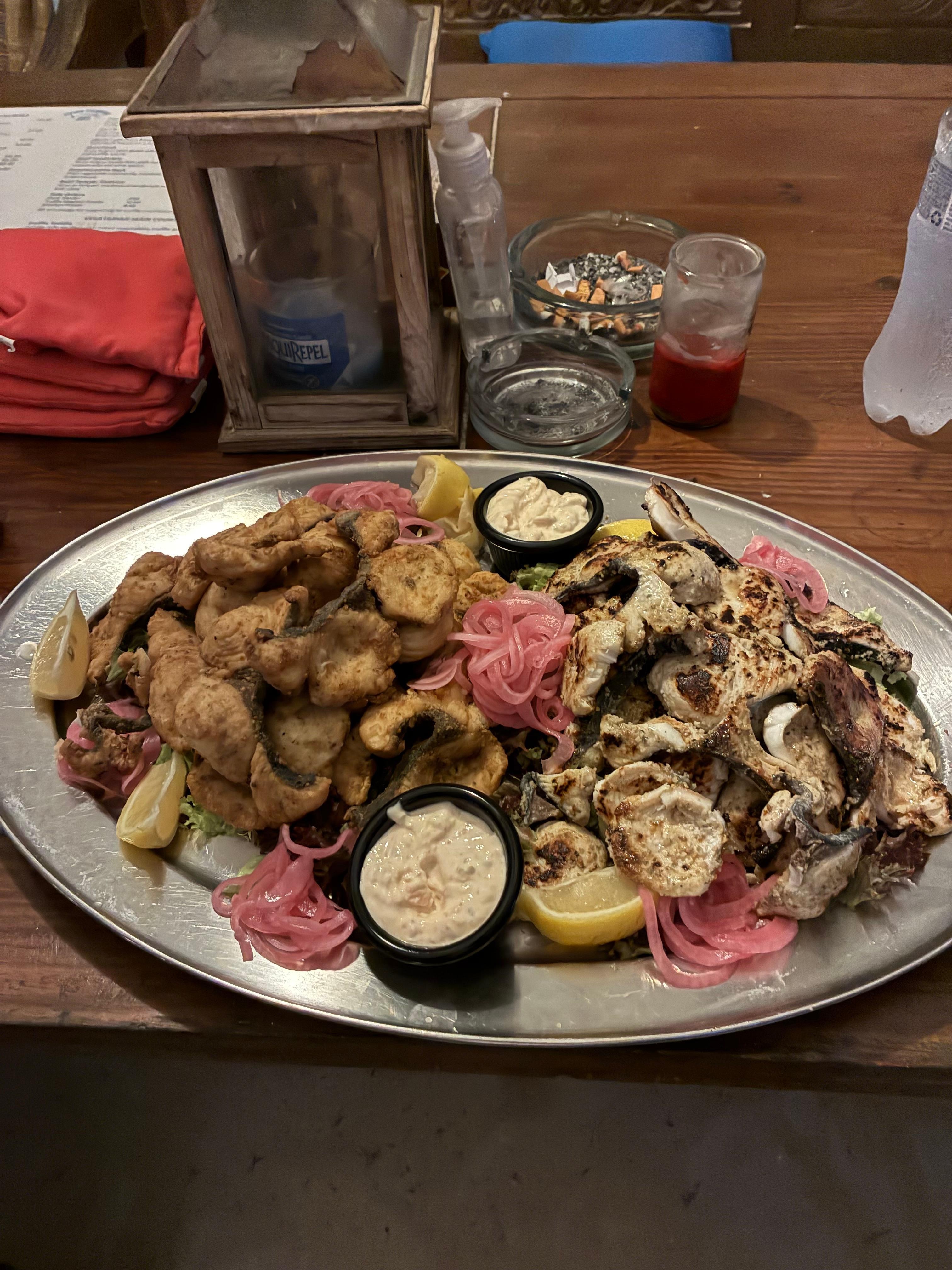 Fresh wahoo cooked from flying fish bone Brought outside by our room