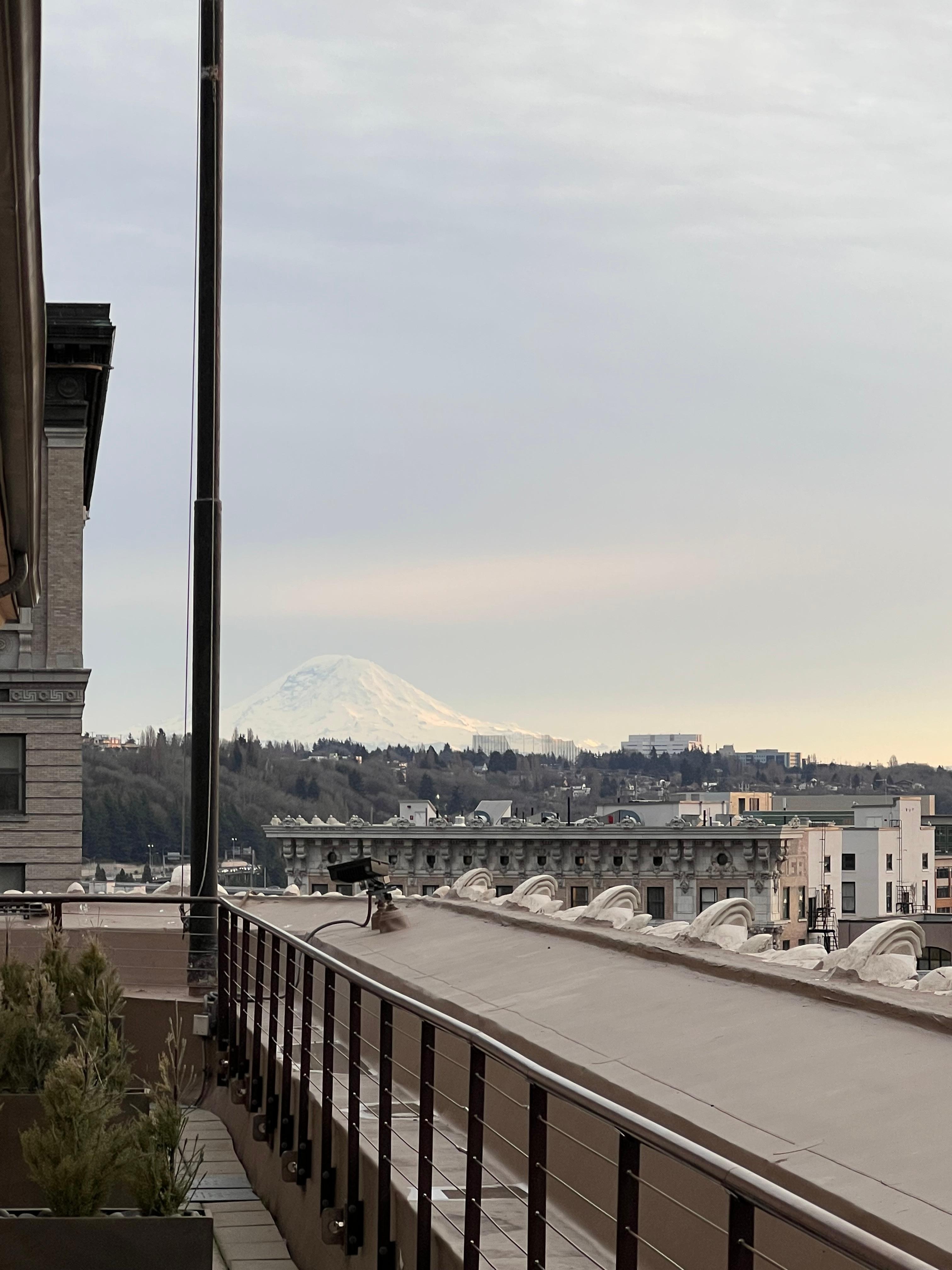 View from the "patio" outside our room - Mt Rainier out there. 