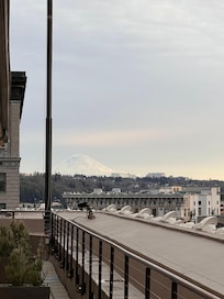 View from the "patio" outside our room - Mt Rainier out there.
