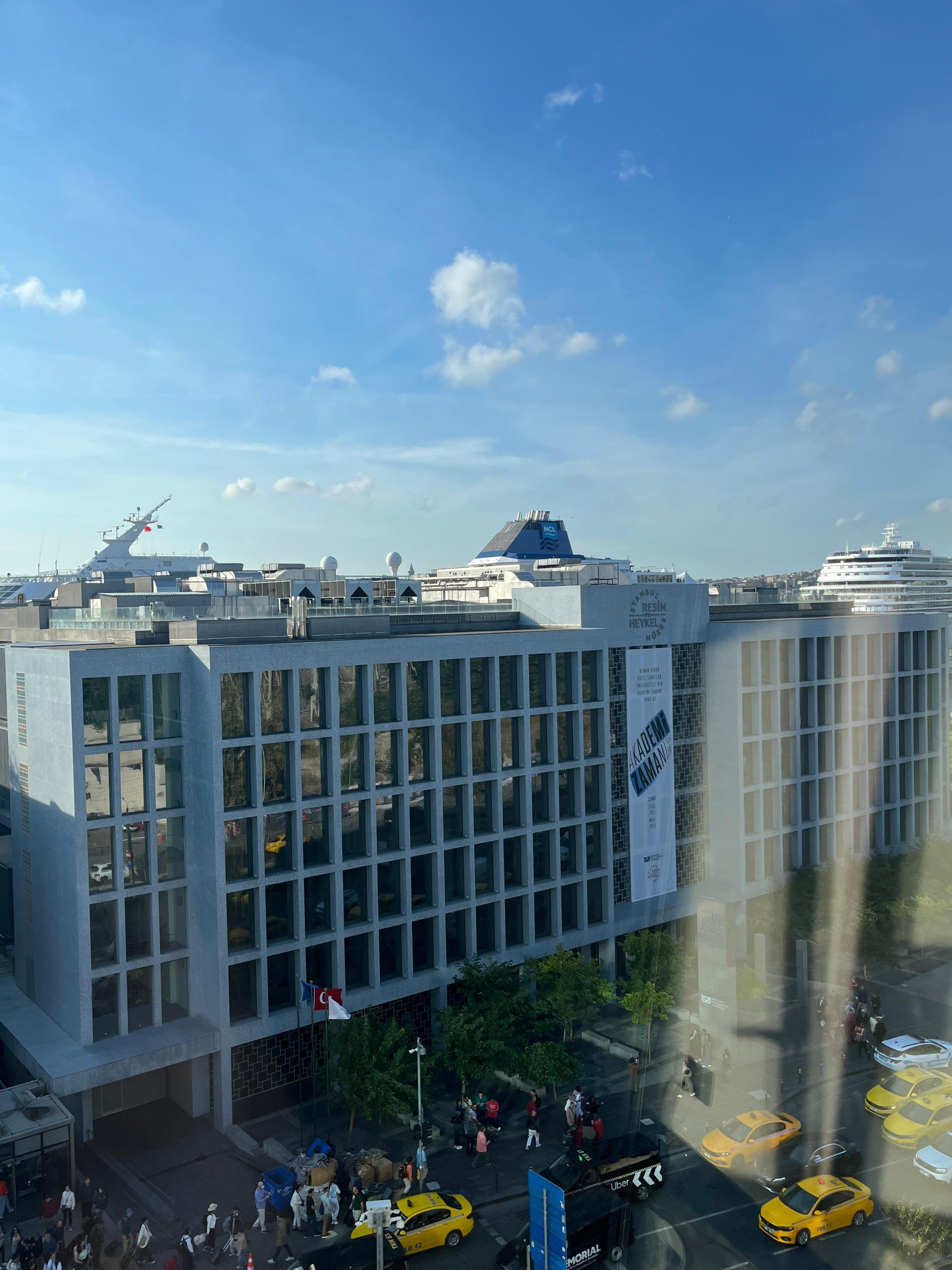 View from the breakfast room of the our cruise ship behind the terminal across the street.