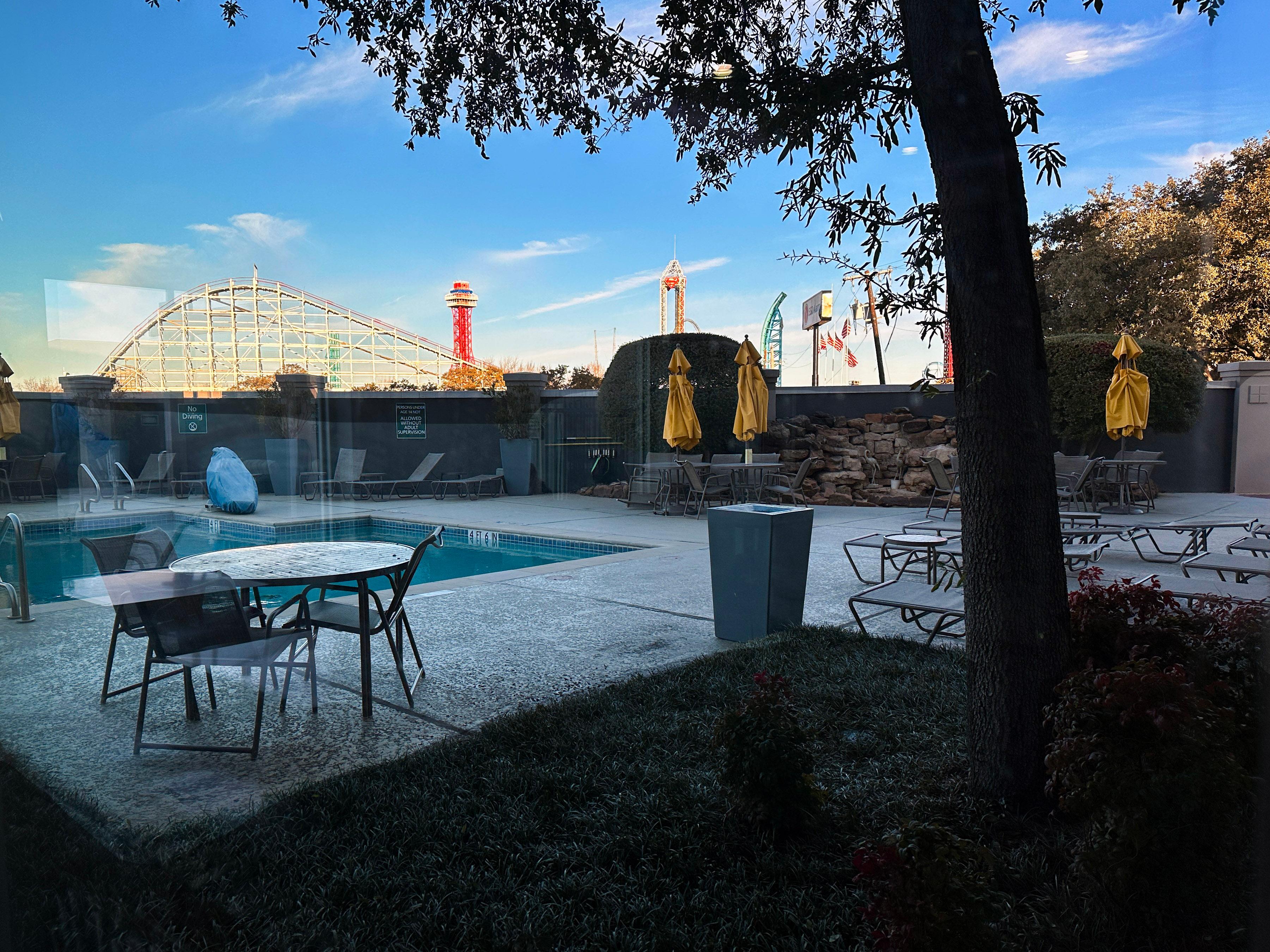 View of the pool with Six Flags over Texas across the street.