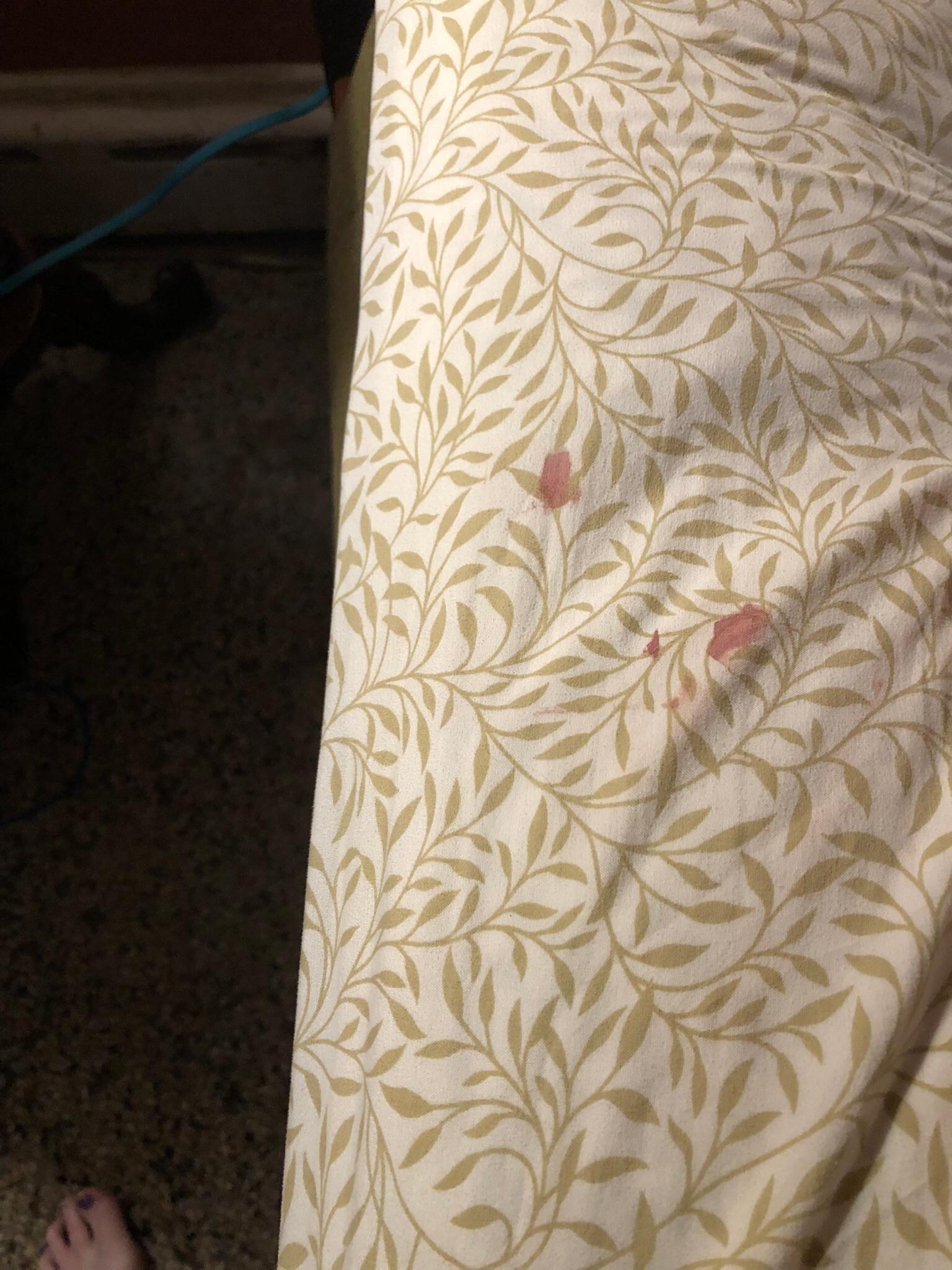 What seems to be blood on the fitted sheet