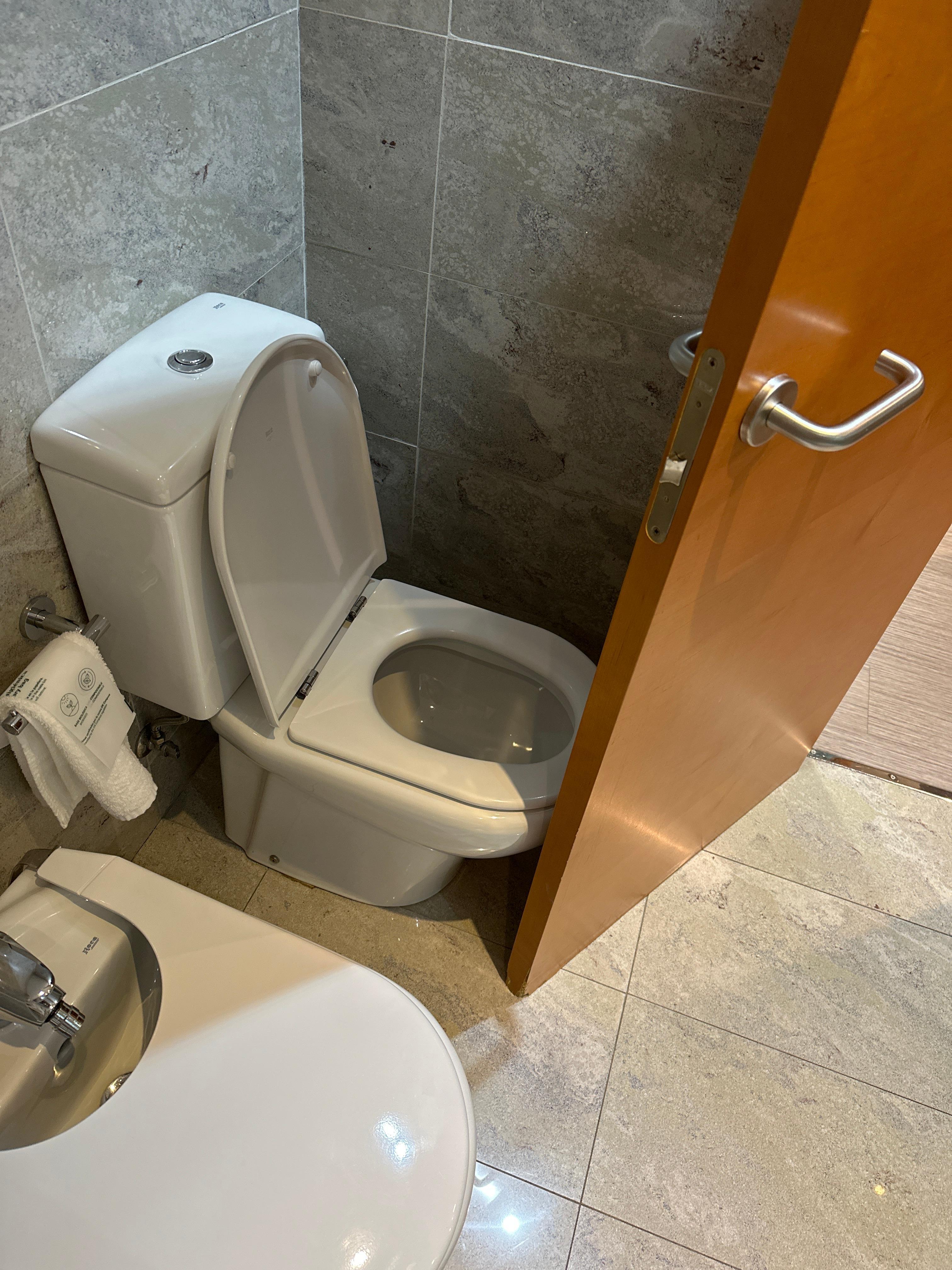 Toilet seat is right behind the door and it won’t stay in place if you push it back!