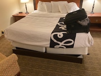 Broken bed frame, sagging bed.