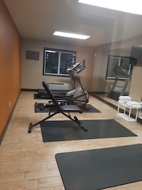 The REAL look of their Fitness Room. 1 Treadmill, 1 Eliptical, and 1 cheap home gym weight bench, but not even one dumbbell in there.