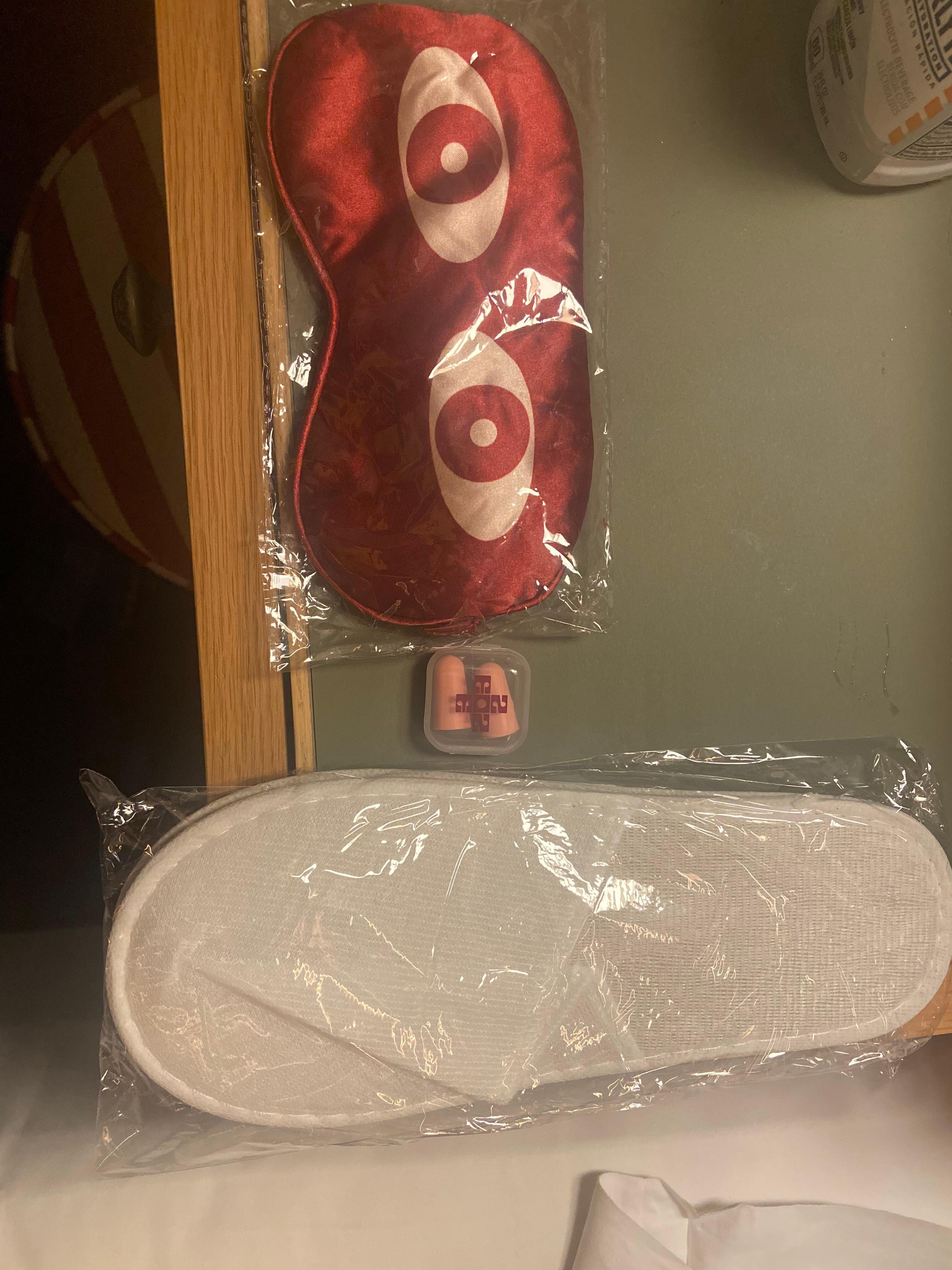 Complimentary sleeping mask, ear plugs