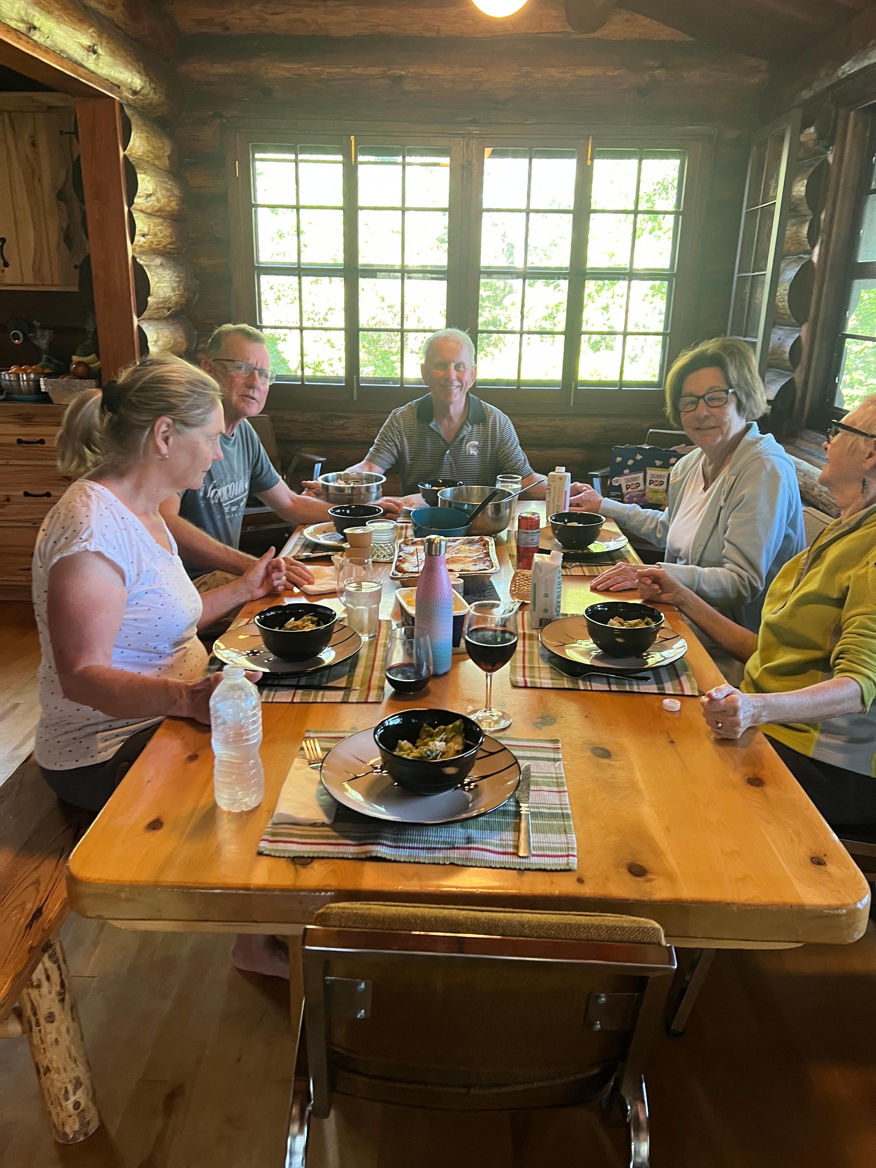Dinner in kitchen with family.