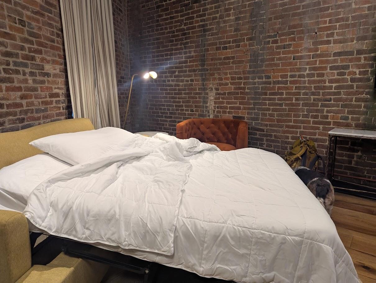 Pull out bed (that was a bare mattress when we arrived, not even a sheet) that won't lay flat.