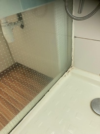 Black mould here and in joints of tiles (must been seldom cleaned) sealant missing allowing build up dirty soaps etc