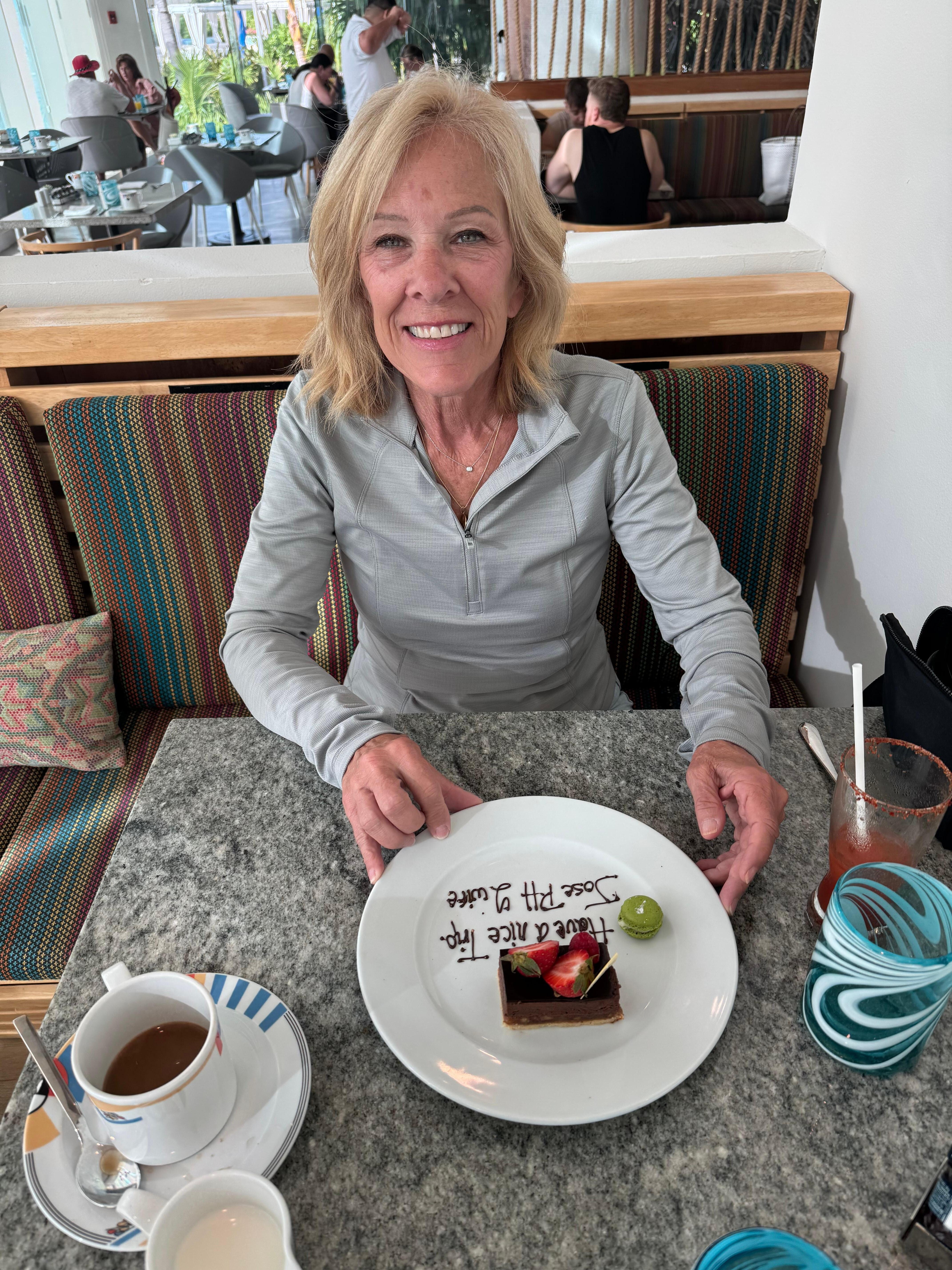 Our special chocolate message dessert wishing us safe travels and invitations for us to comeback soon. 