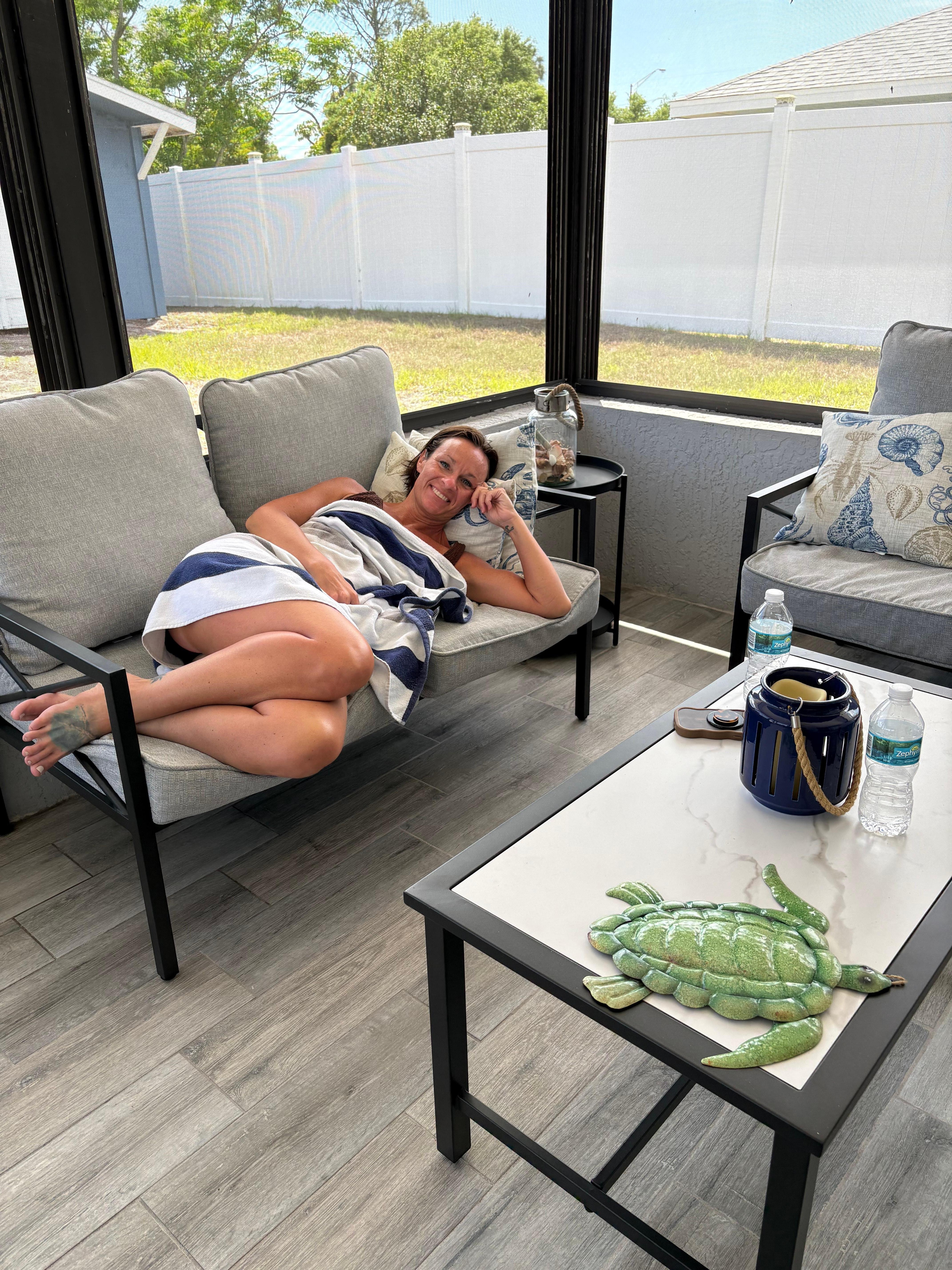 Resting on the screened lanai after the hot tub.