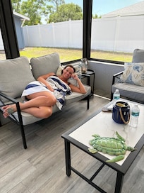 Resting on the screened lanai after the hot tub.