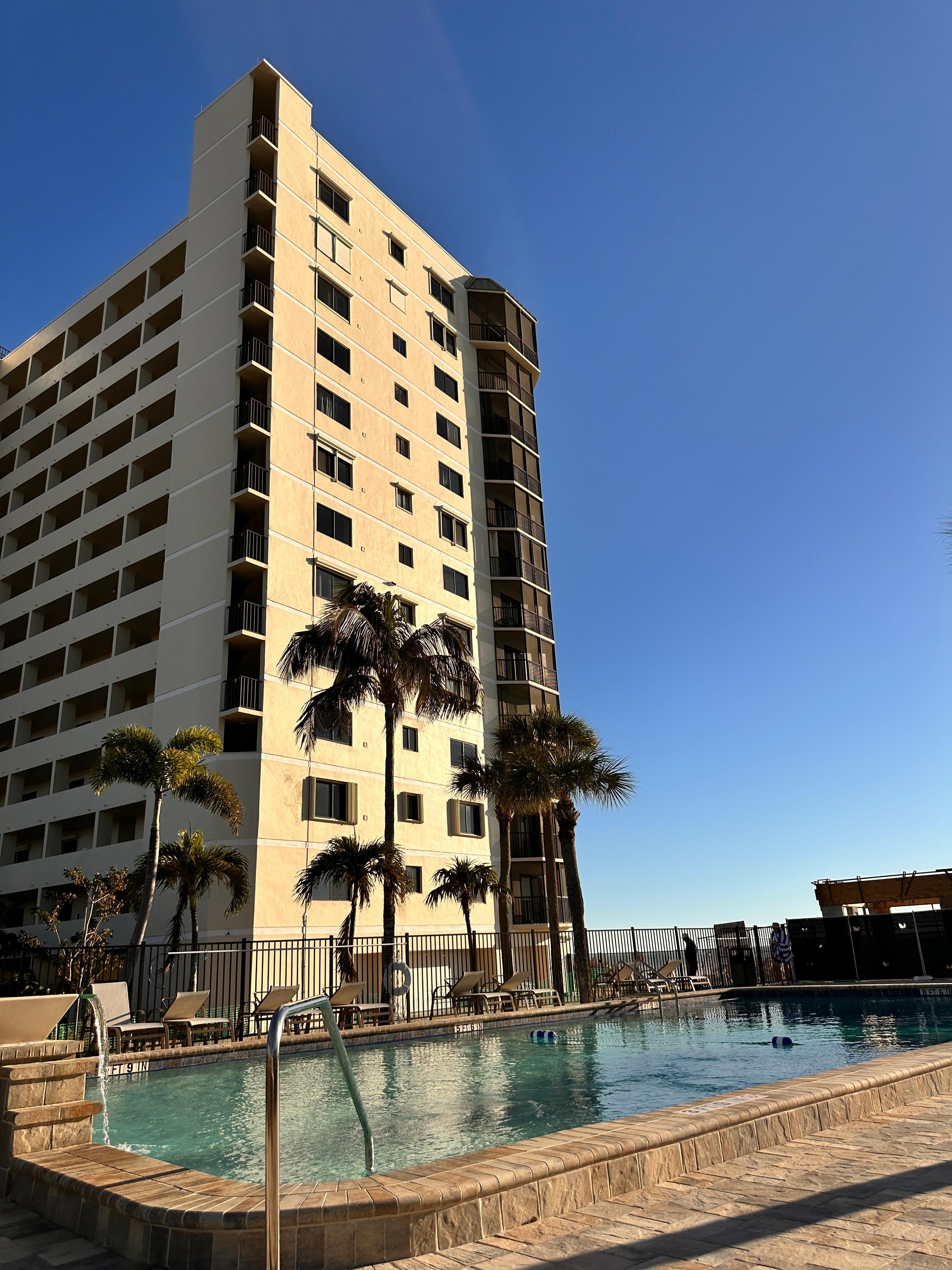 Riviera Club building and pool, March 2026. Clubhouse being rebuilt.