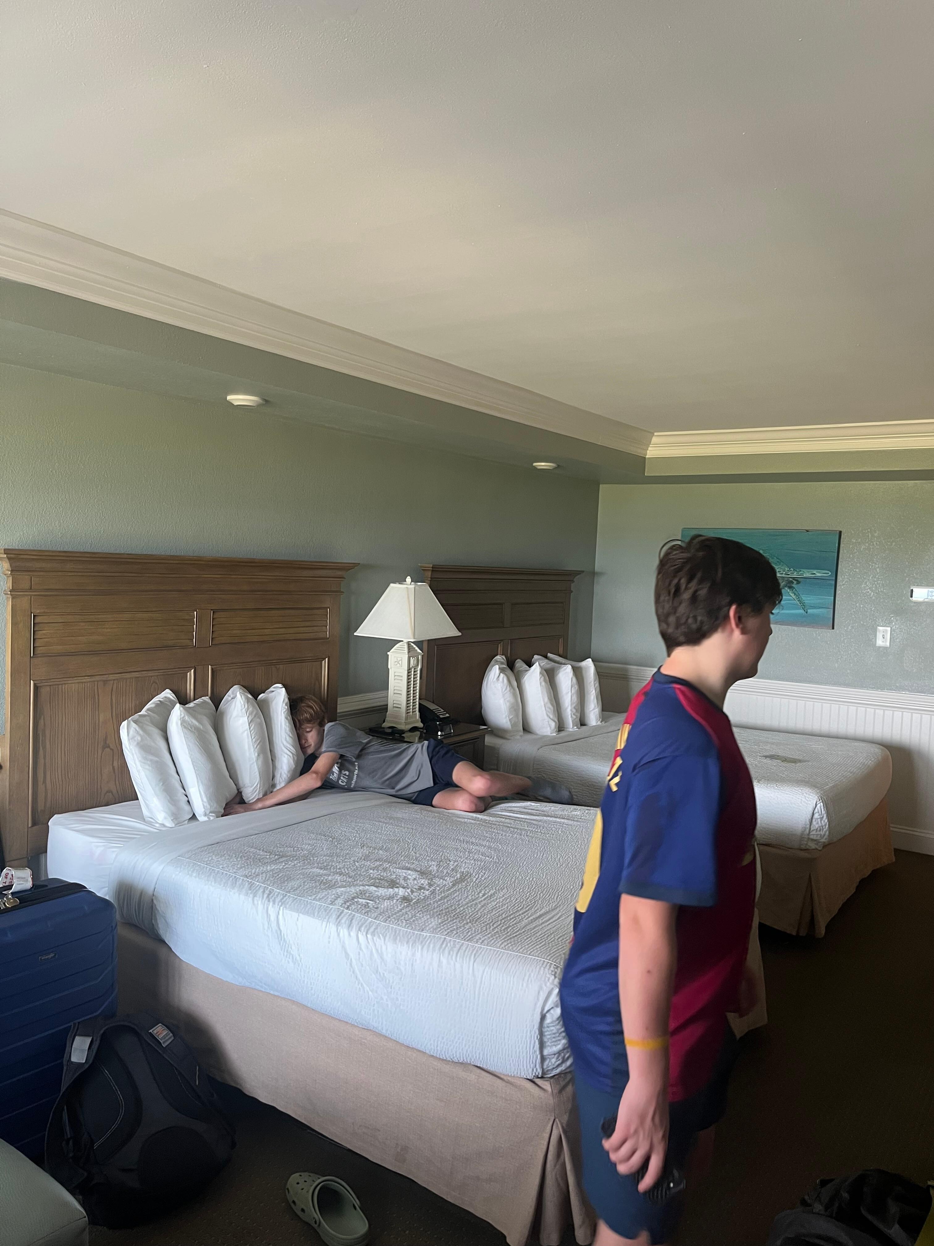 My son’s exploring room, enjoying comfortable bed