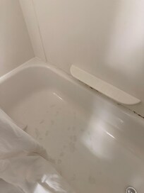 Black residue around and on the bottom of the tub