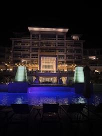 At night by the main pool