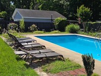 Pool no longer has diving board and lawn overgrown. Ants and high grass under chairs.