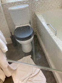 Had to shimmy around screen to get in shower
Bathroom door did nnot fit in frame
