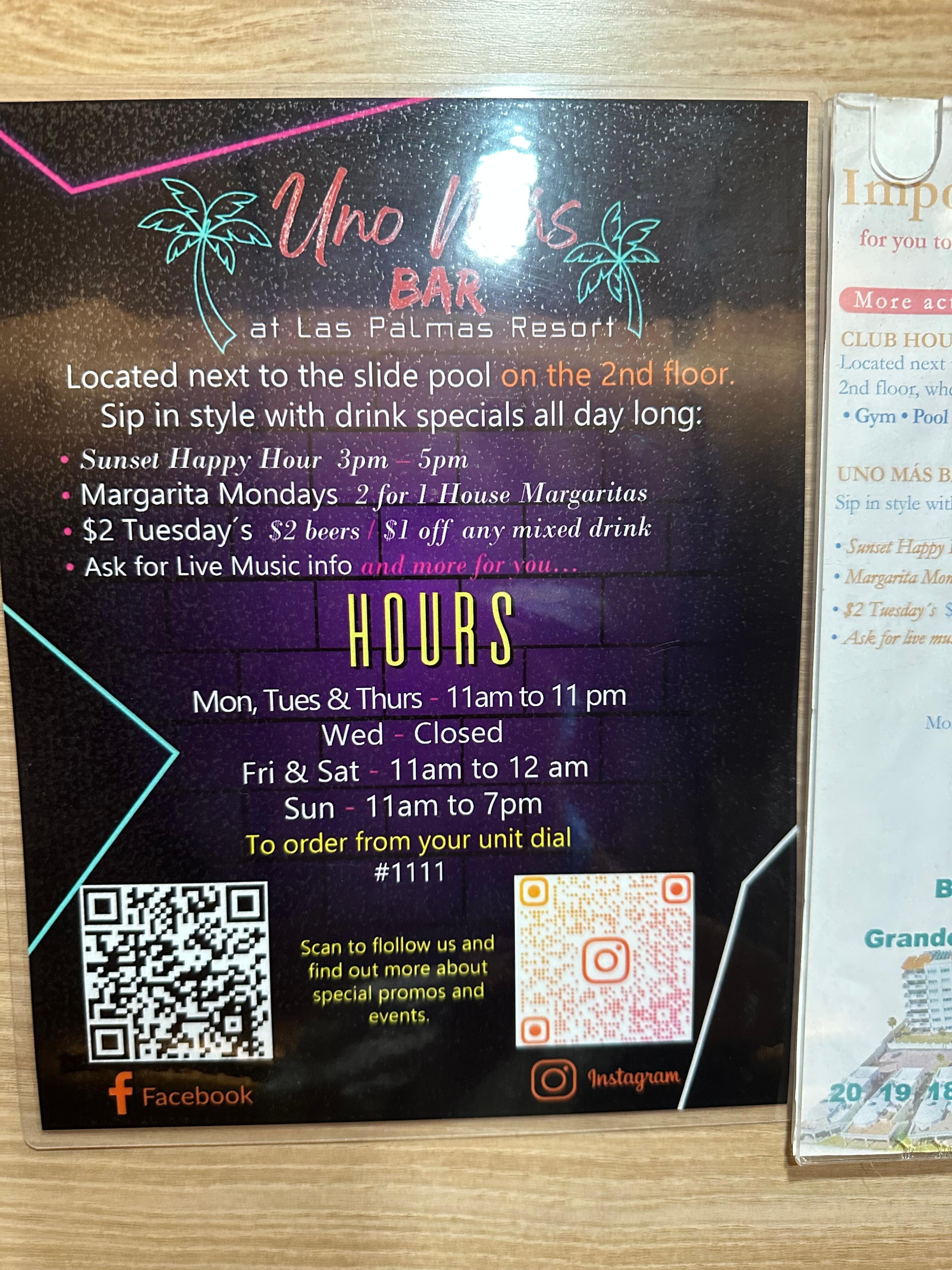 Flyer for the bar on the property 