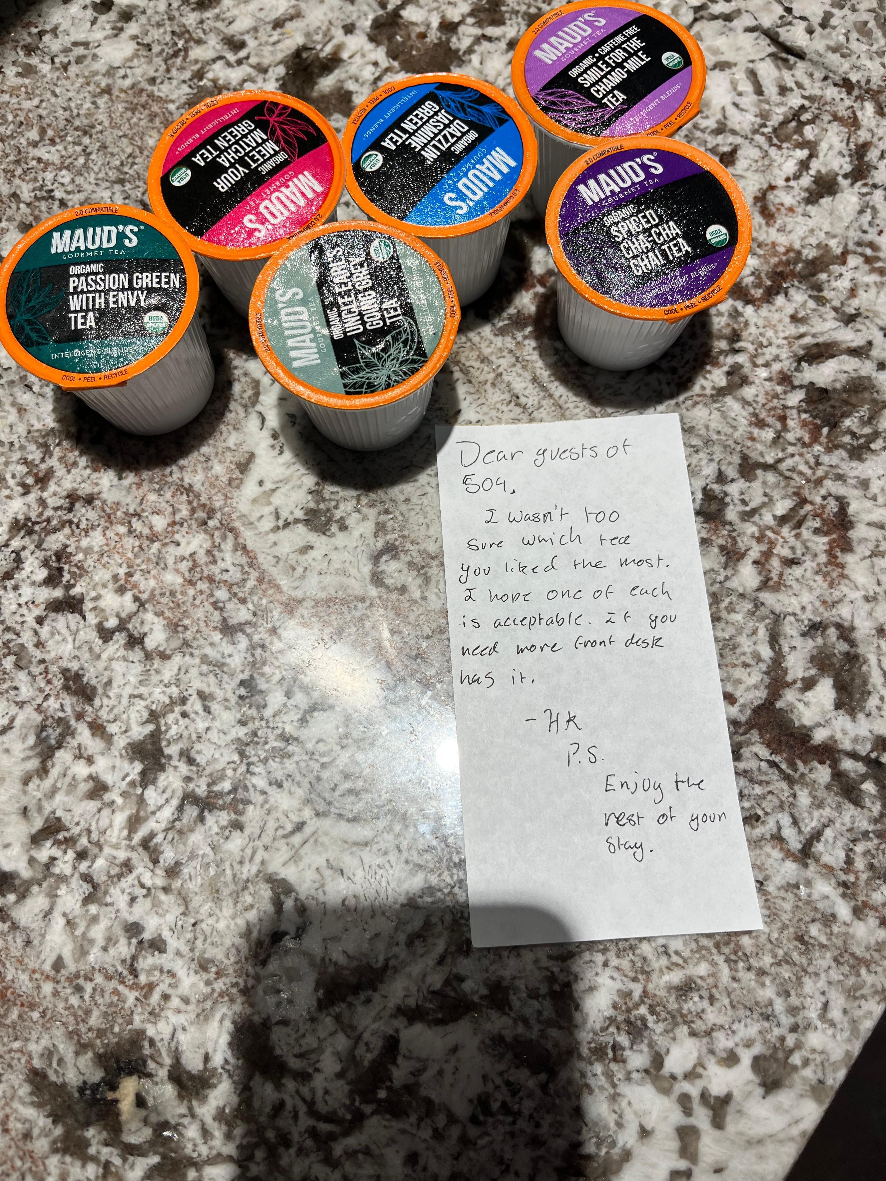 Hand written note from our housekeeper when I asked her if they had tea :-)