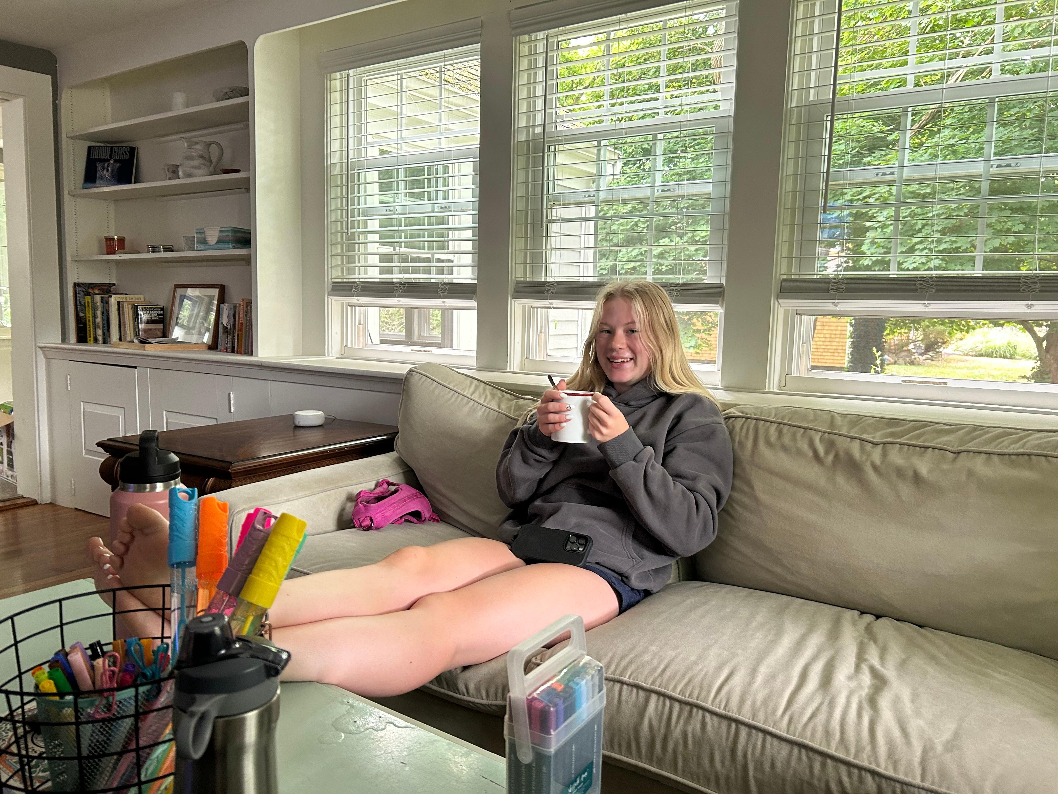   Enjoying morning coffee.