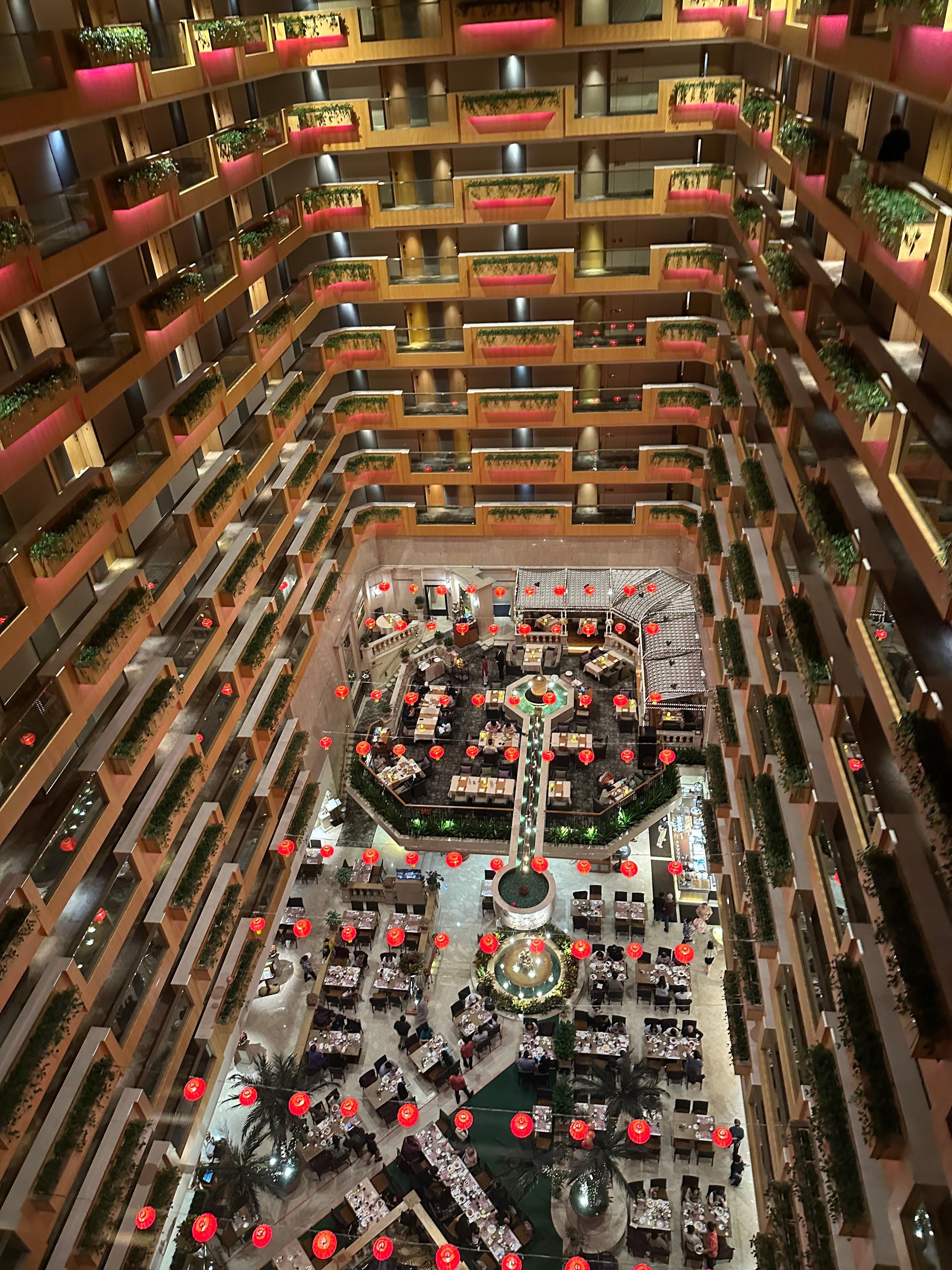 Looking down at the restaurant from the lifts 