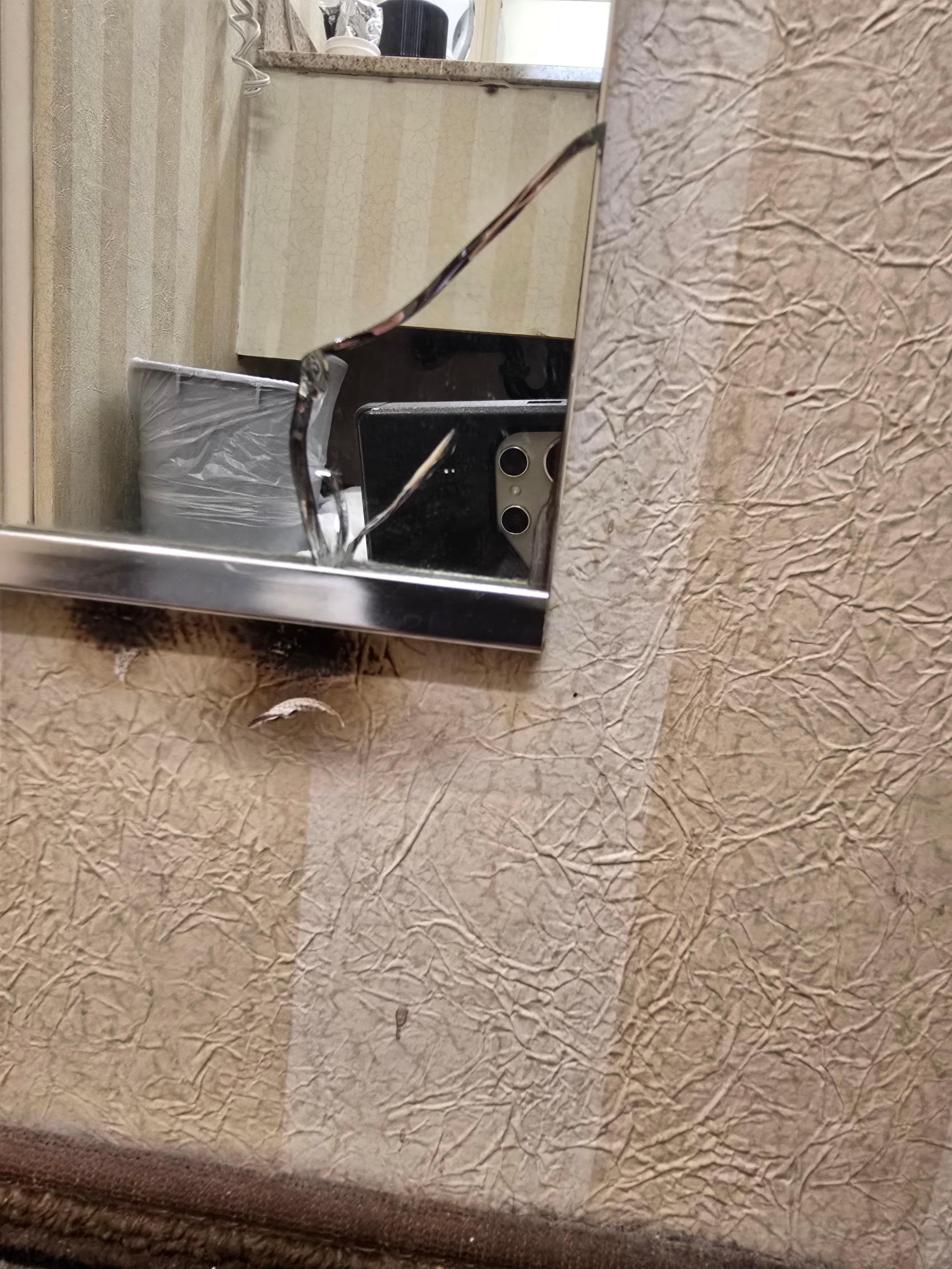 Broken mirror with mold under